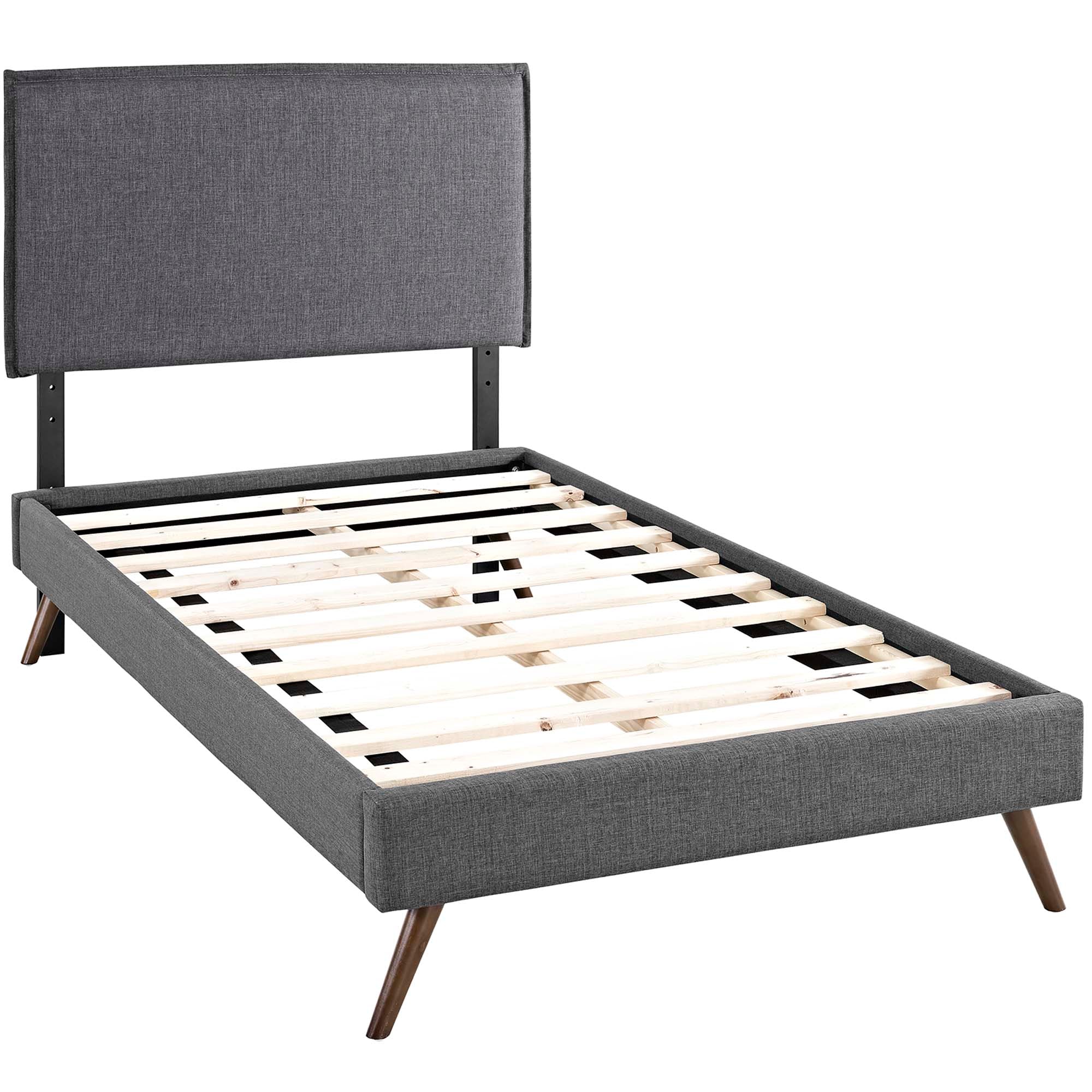 Zaria Twin Grey Platform Bed Frame – Modern Fabric Headboard with Splayed Legs