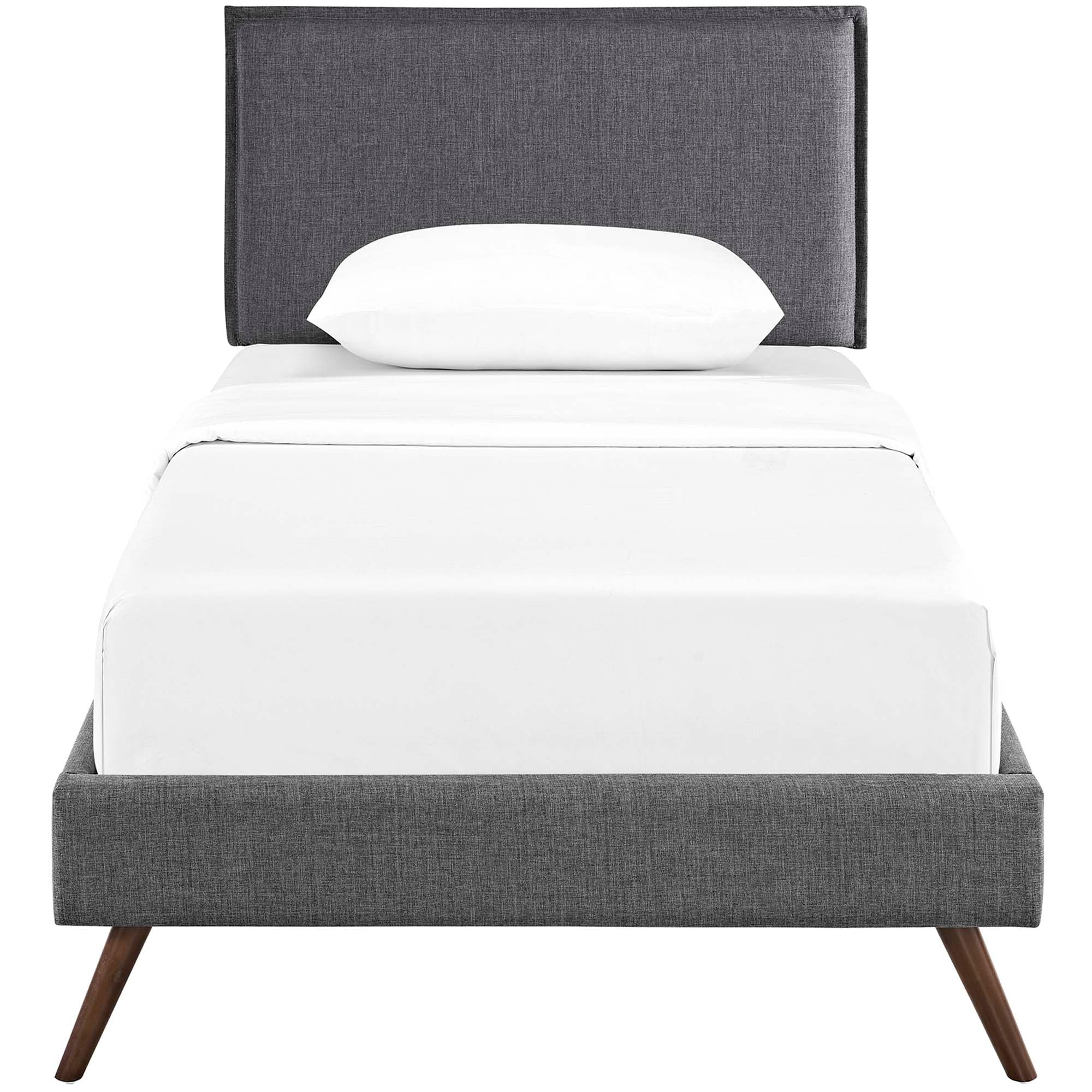 Zaria Twin Grey Platform Bed Frame – Modern Fabric Headboard with Splayed Legs