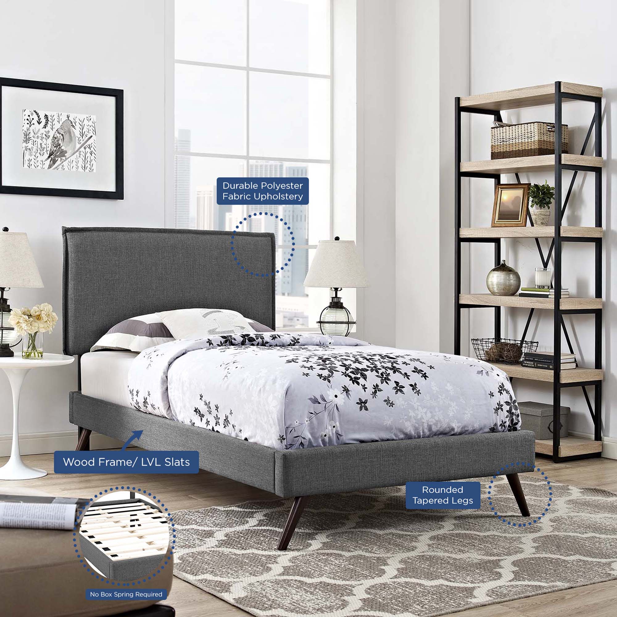 Zaria Twin Grey Platform Bed Frame – Modern Fabric Headboard with Splayed Legs