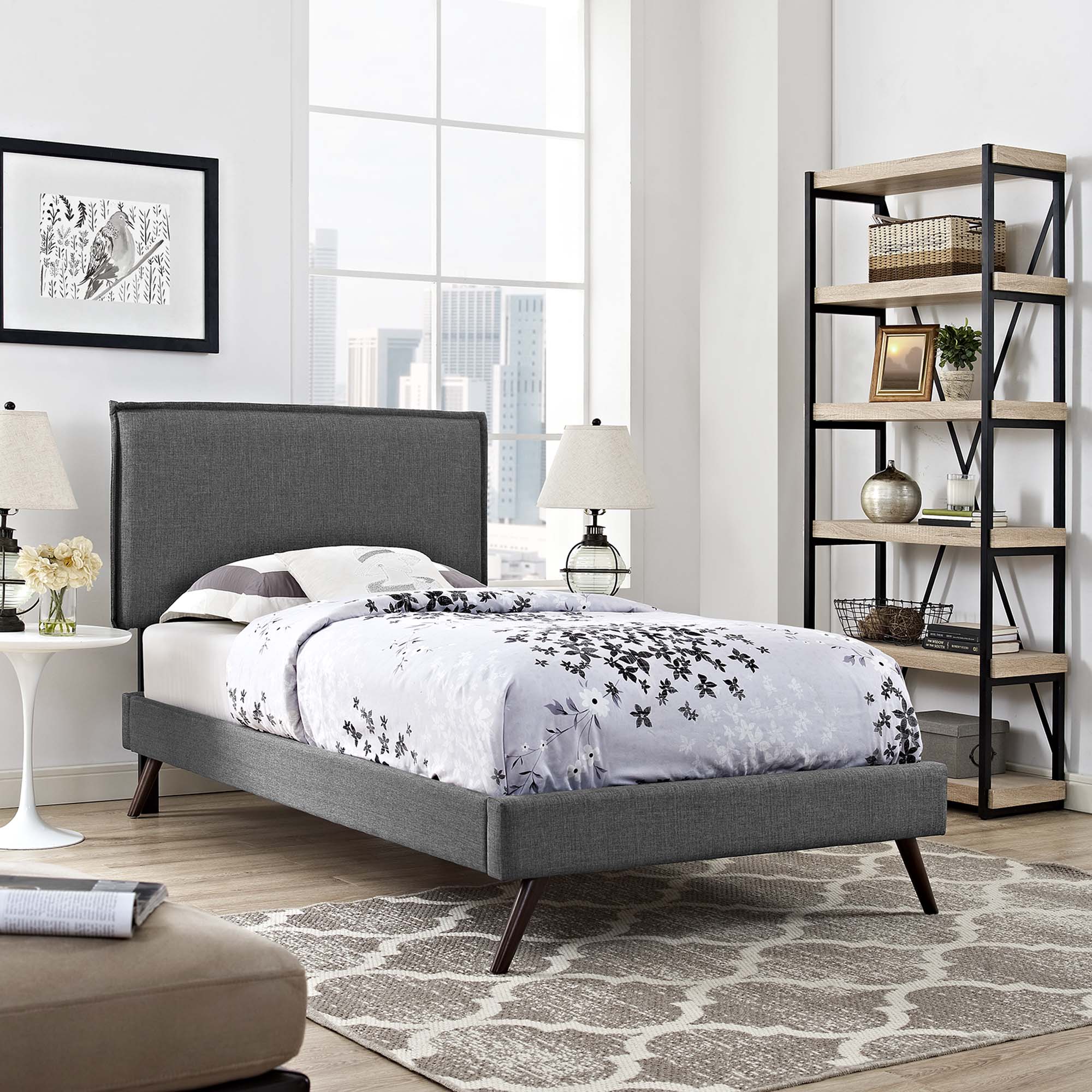 Zaria Twin Grey Platform Bed Frame – Modern Fabric Headboard with Splayed Legs