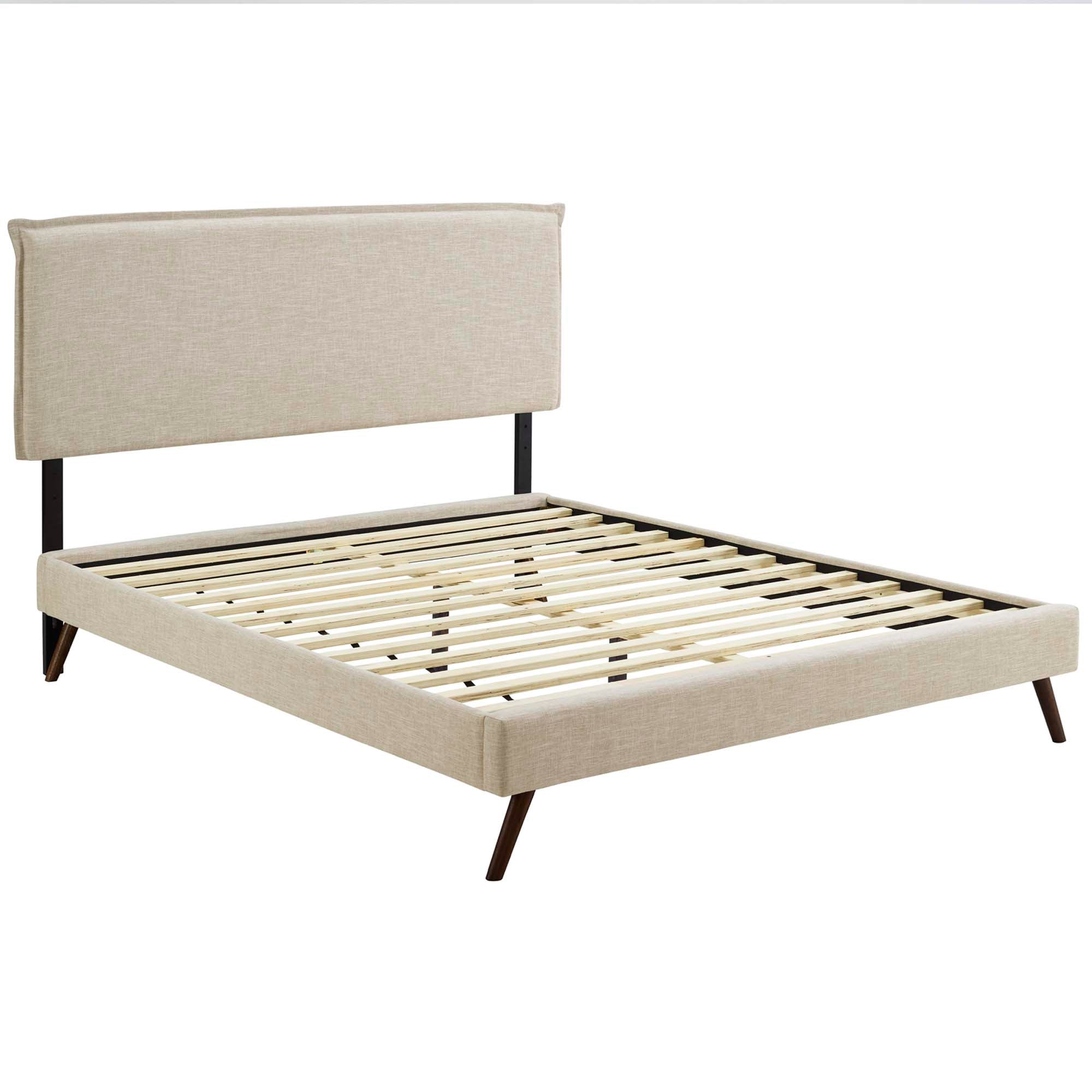 Elaine Queen Polyester Fabric Platform Bed – Solid Wood Frame with Tapered Legs