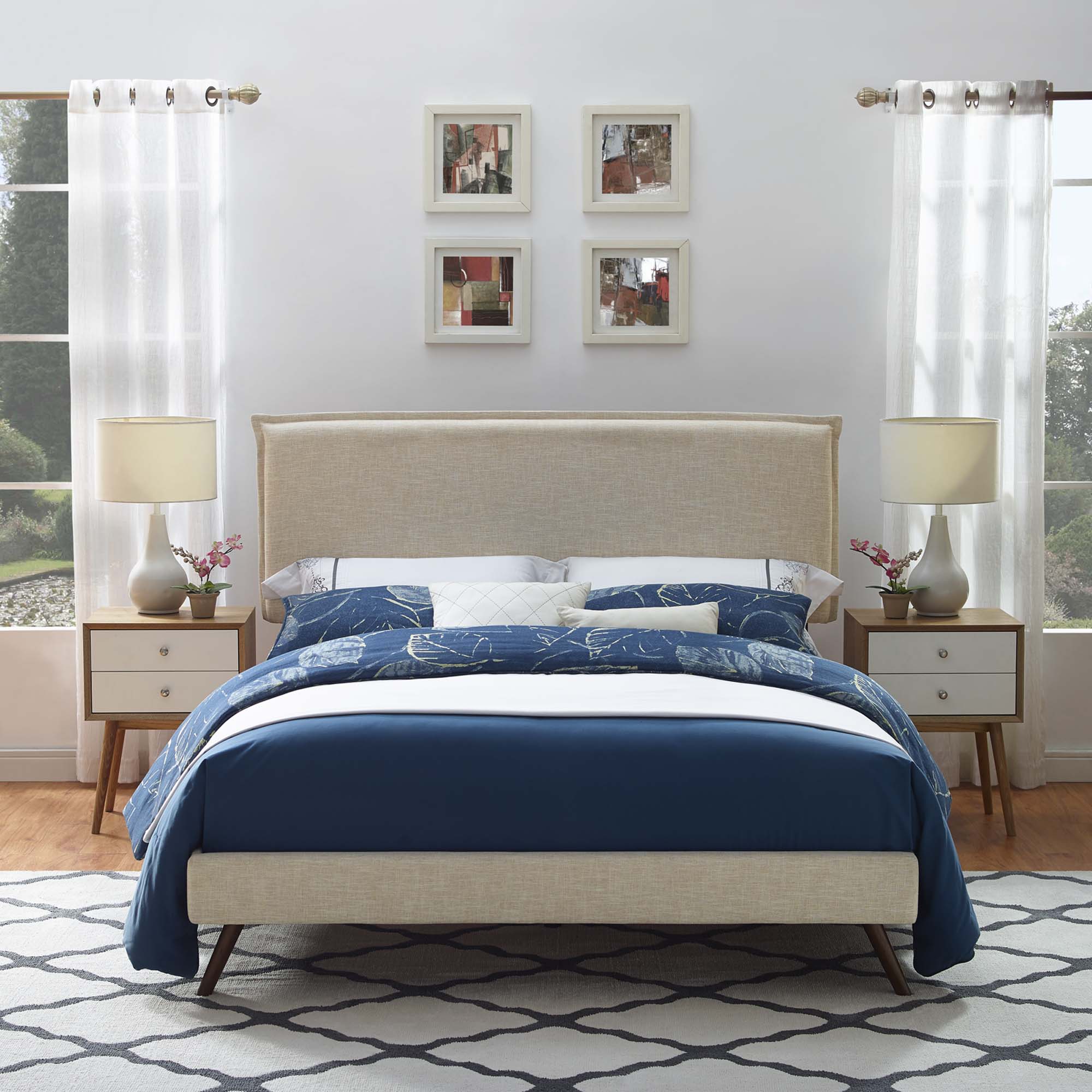 Elaine Queen Polyester Fabric Platform Bed – Solid Wood Frame with Tapered Legs