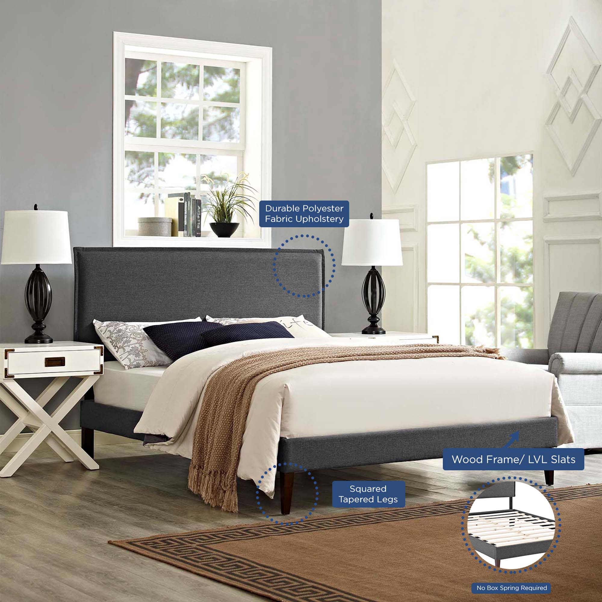 Zarina Amaris Collection Full Size Grey Upholstered Platform Bed – Squared Tapered Legs