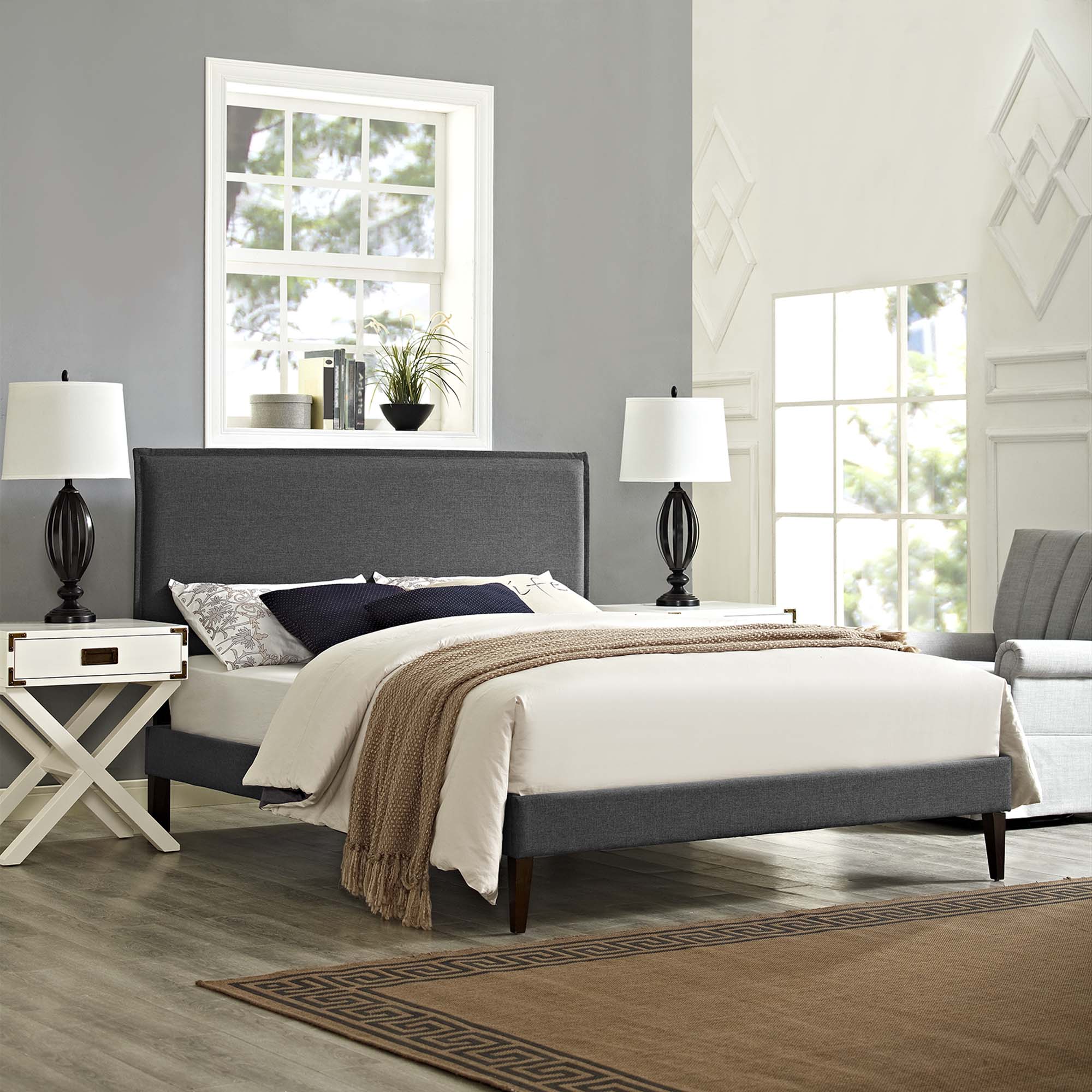 Zarina Amaris Queen Grey Fabric Platform Bed – Contemporary Design with Squared Tapered Legs