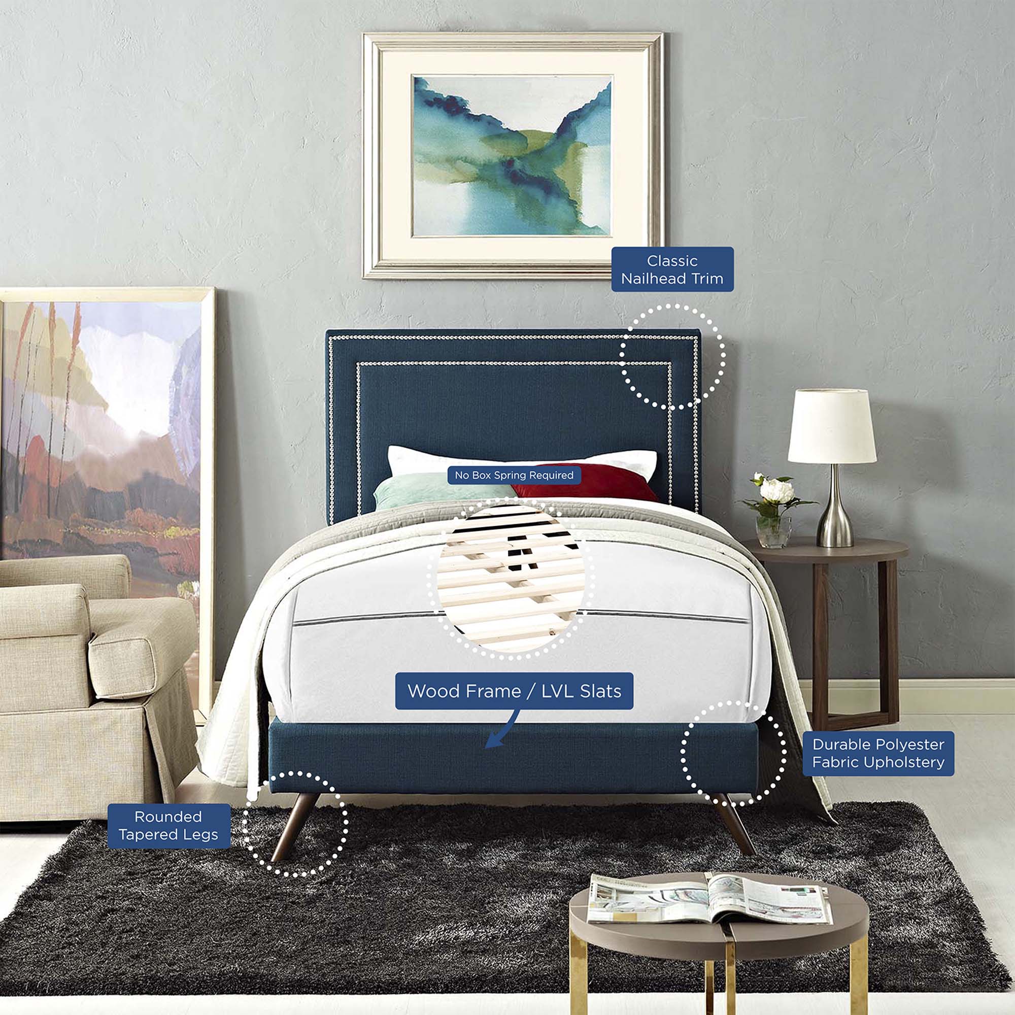 Azure Twin Montgomery Upholstered Platform Bed – Solid Wood Frame with Tapered Legs