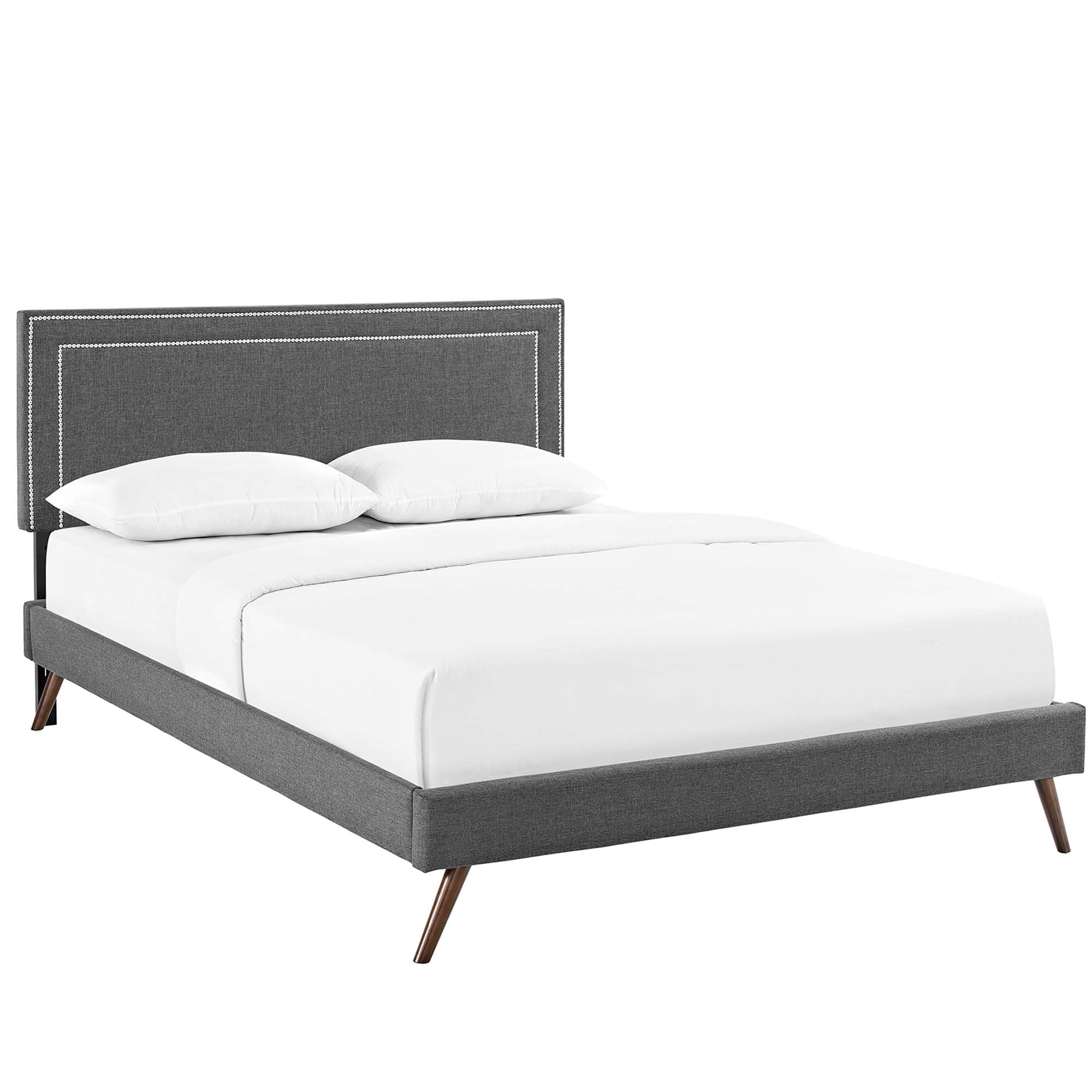 Mithen Queen Grey Platform Bed – Mid-Century Fabric Upholstered with Wood Legs