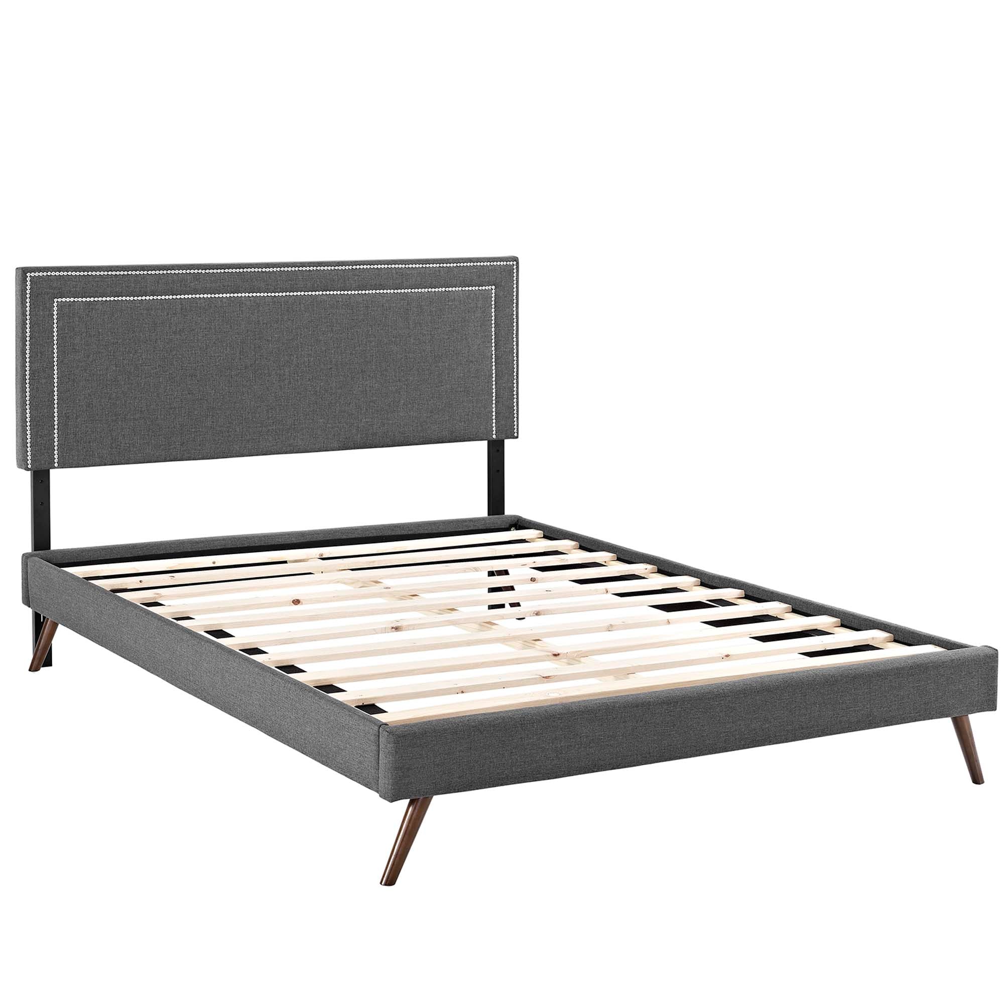 Mithen Queen Grey Platform Bed – Mid-Century Fabric Upholstered with Wood Legs
