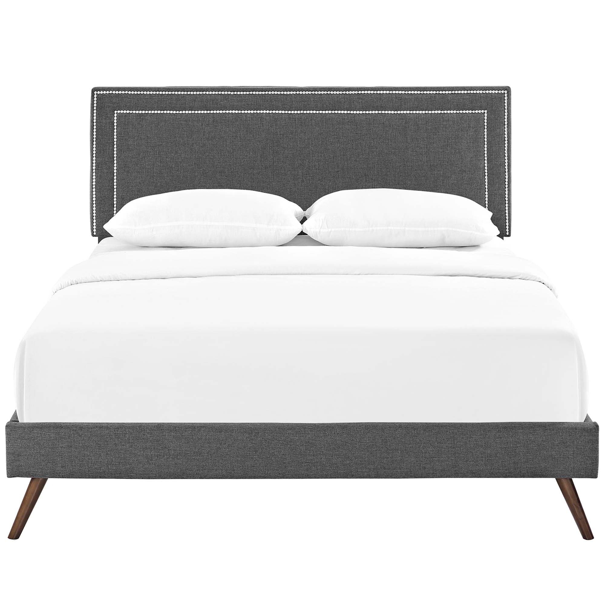 Mithen Queen Grey Platform Bed – Mid-Century Fabric Upholstered with Wood Legs