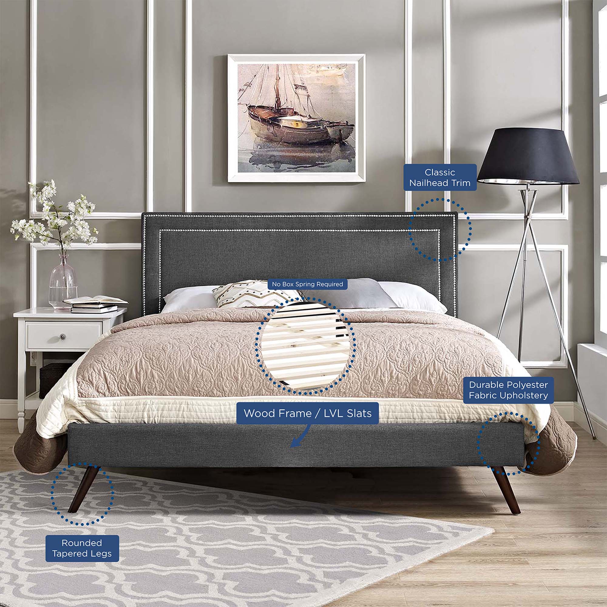 Mithen Queen Grey Platform Bed – Mid-Century Fabric Upholstered with Wood Legs