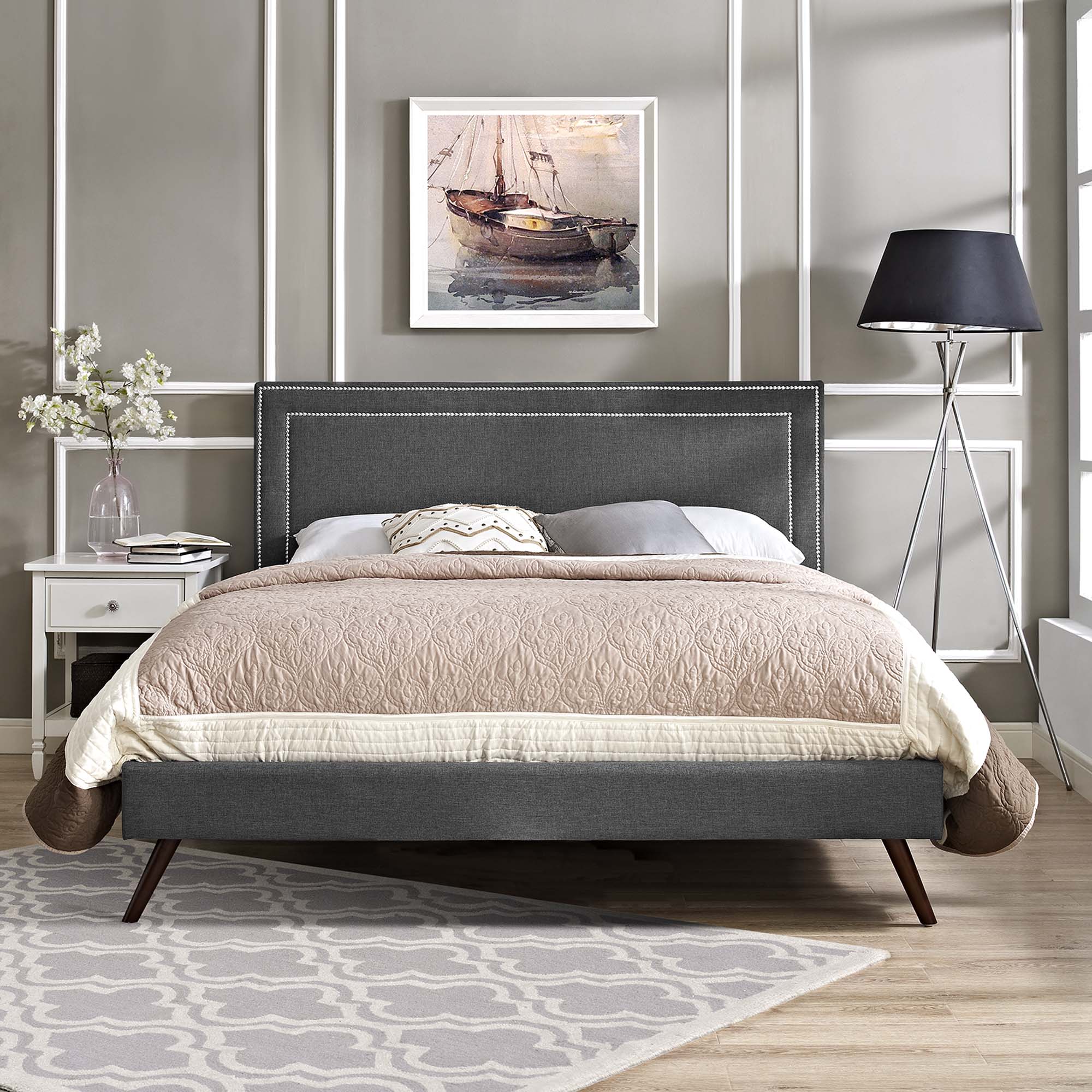 Mithen Queen Grey Platform Bed – Mid-Century Fabric Upholstered with Wood Legs