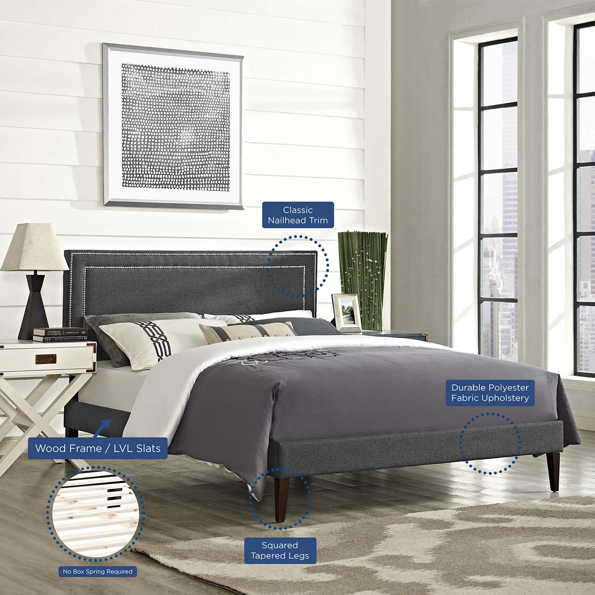 Seraphina Full Size Fabric Bed Modern Squared Tapered Legs