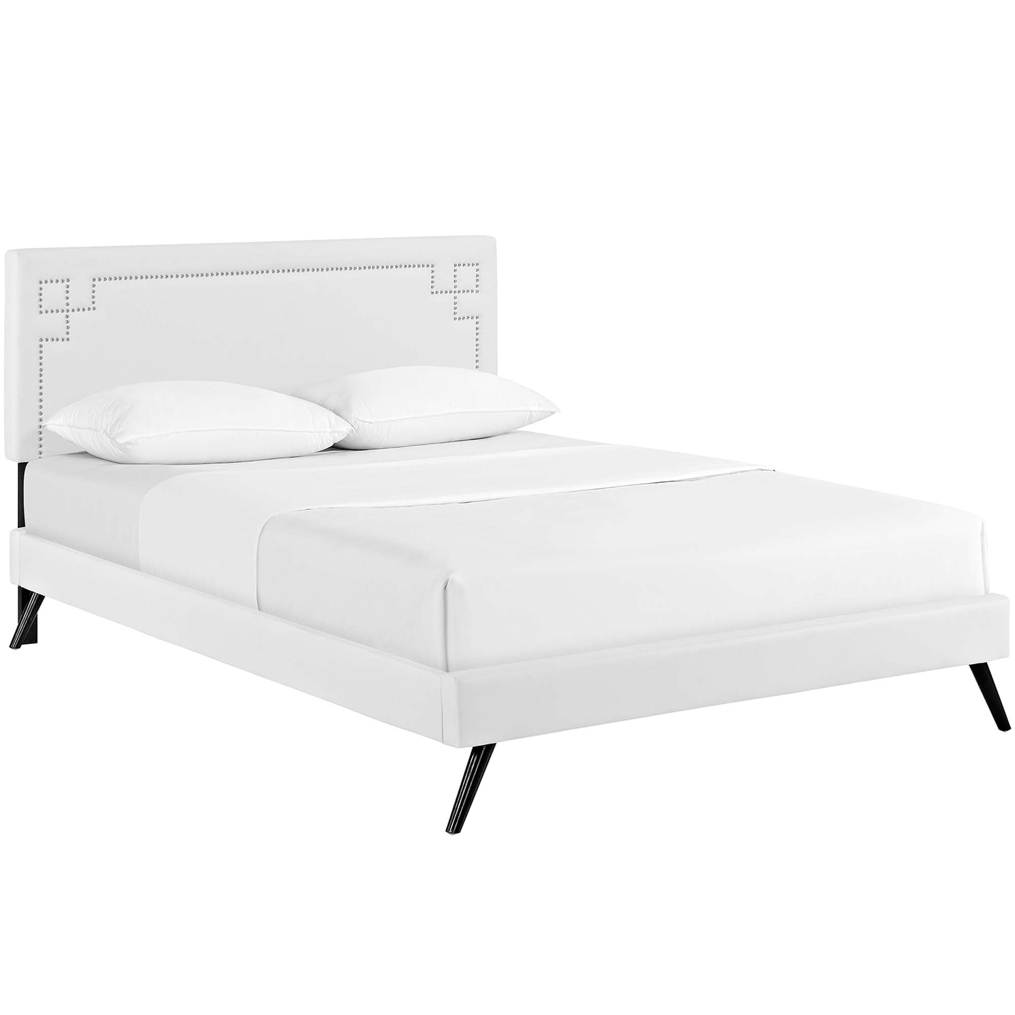 Lorenne Full Vinyl Platform Bed Frame – White Upholstered with Wood Slats