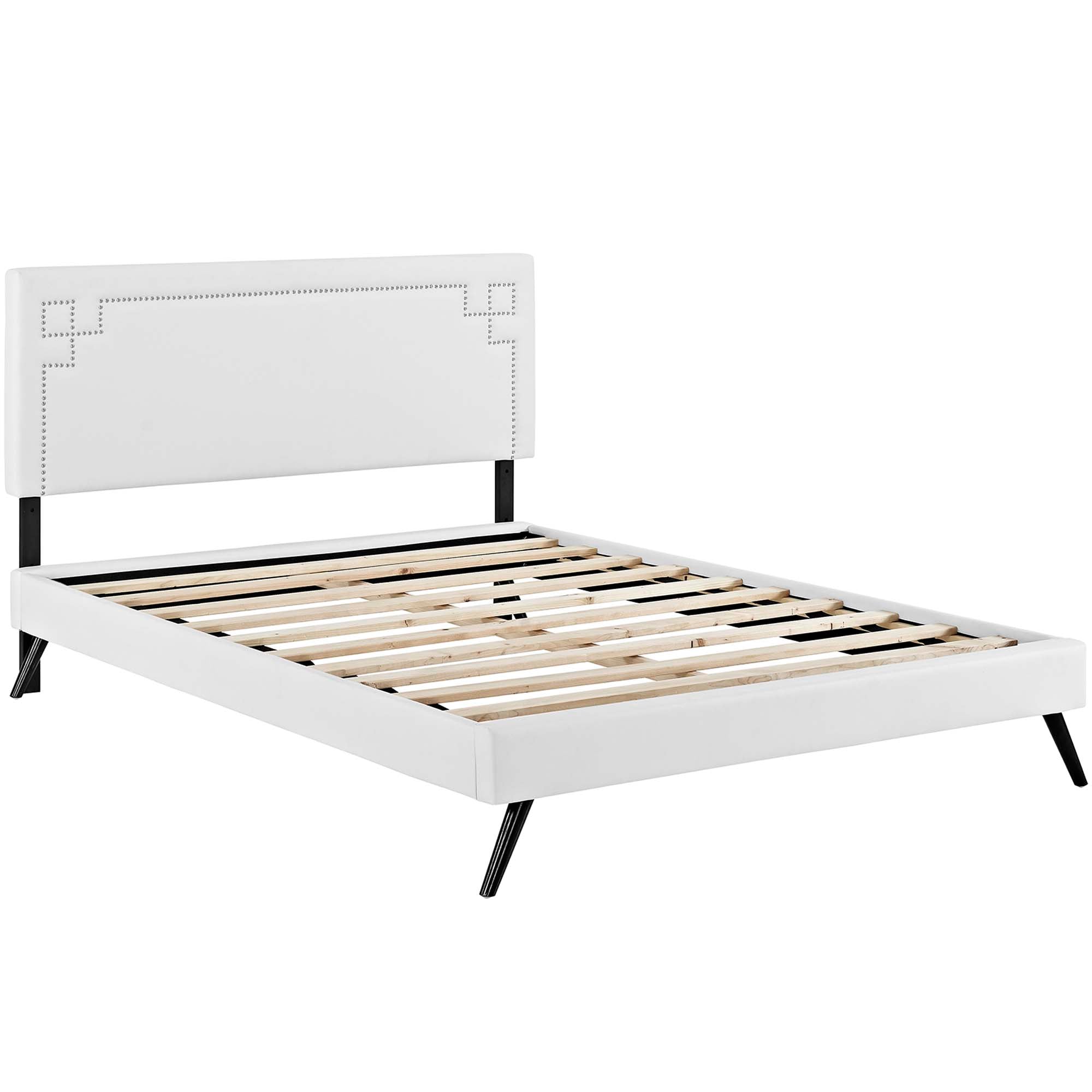Lorenne Full Vinyl Platform Bed Frame – White Upholstered with Wood Slats