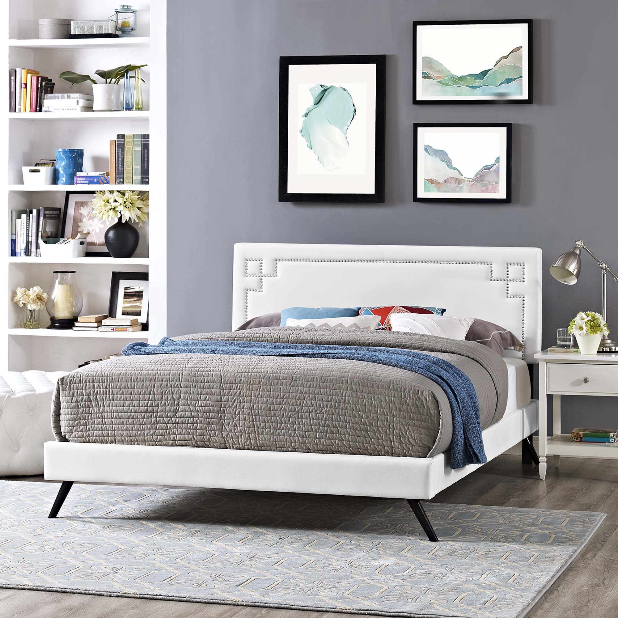Prynne Queen White Vinyl Platform Bed With Wood Slats