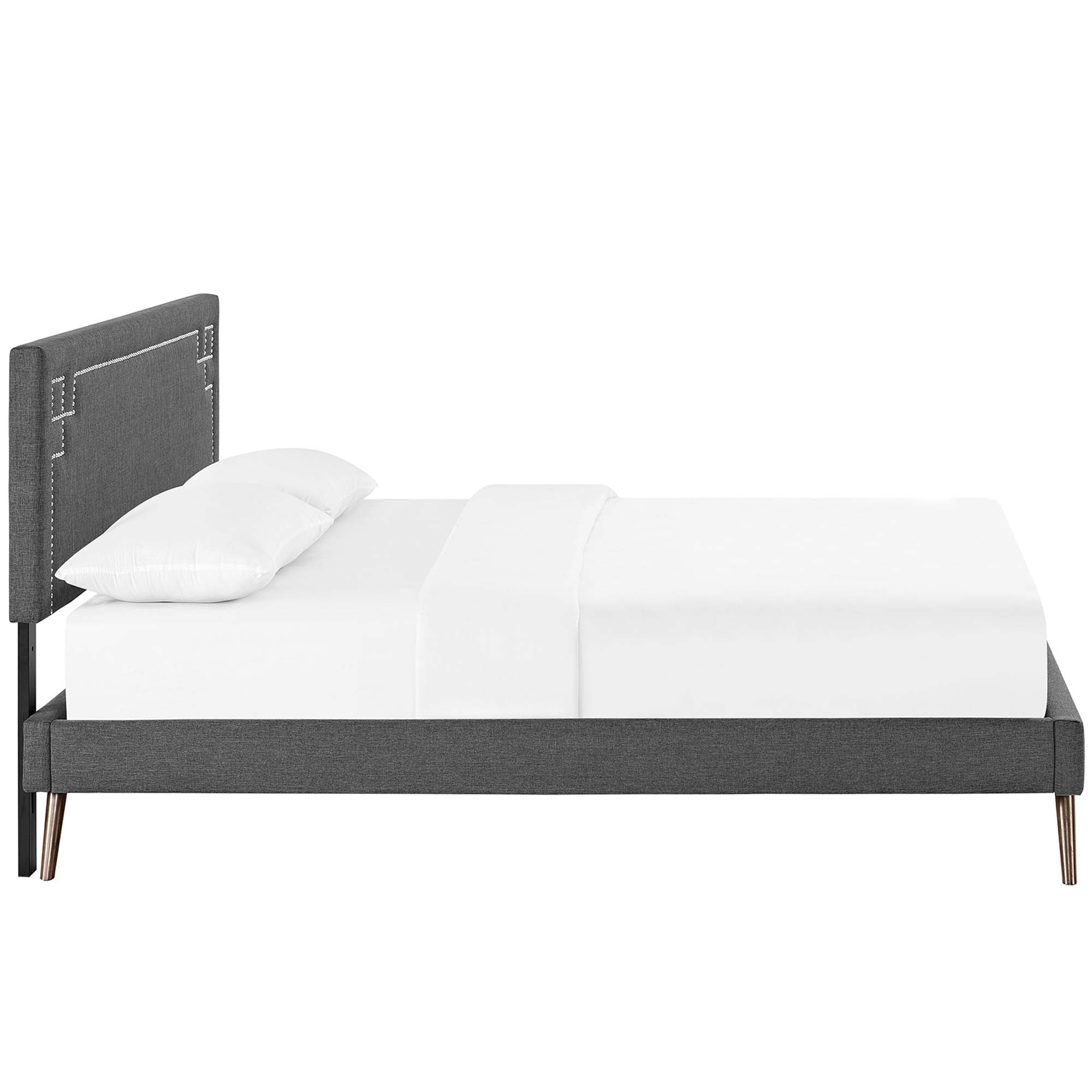 Quinten Grey Queen Wood Platform Bed – Fabric Headboard Round Legs
