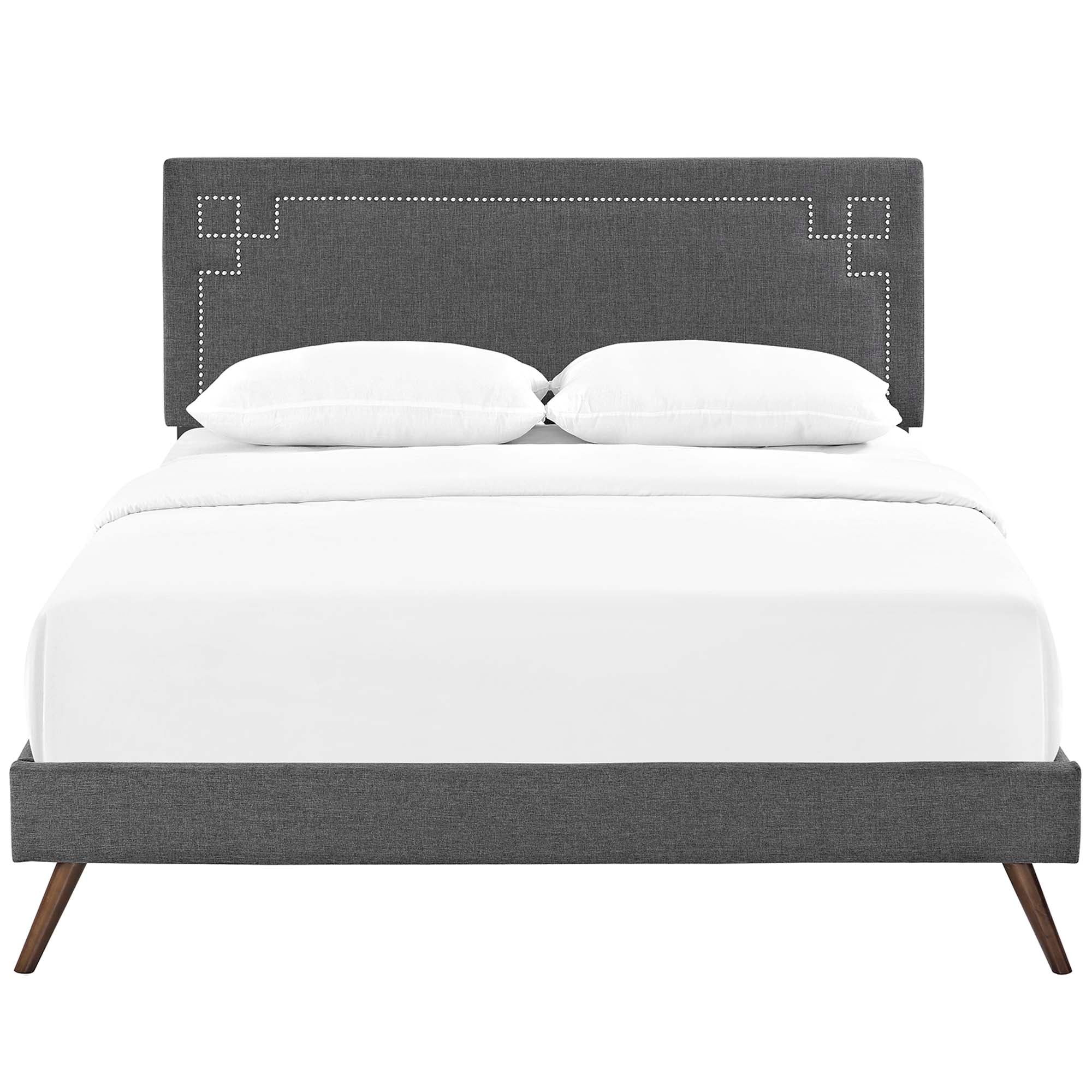 Quinten Grey Queen Wood Platform Bed – Fabric Headboard Round Legs