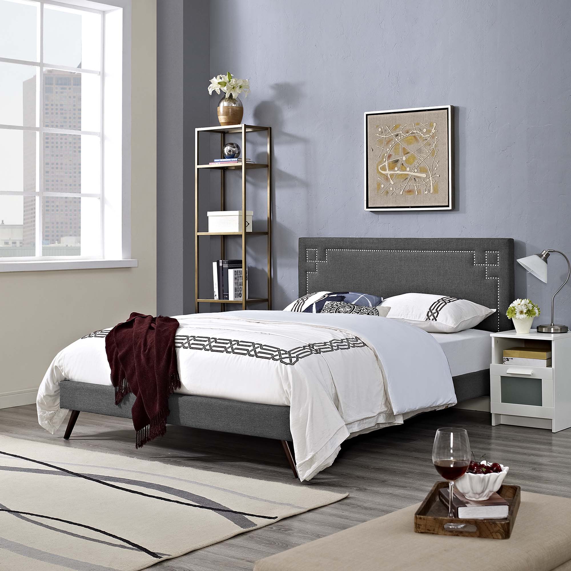 Quinten Grey Queen Wood Platform Bed – Fabric Headboard Round Legs