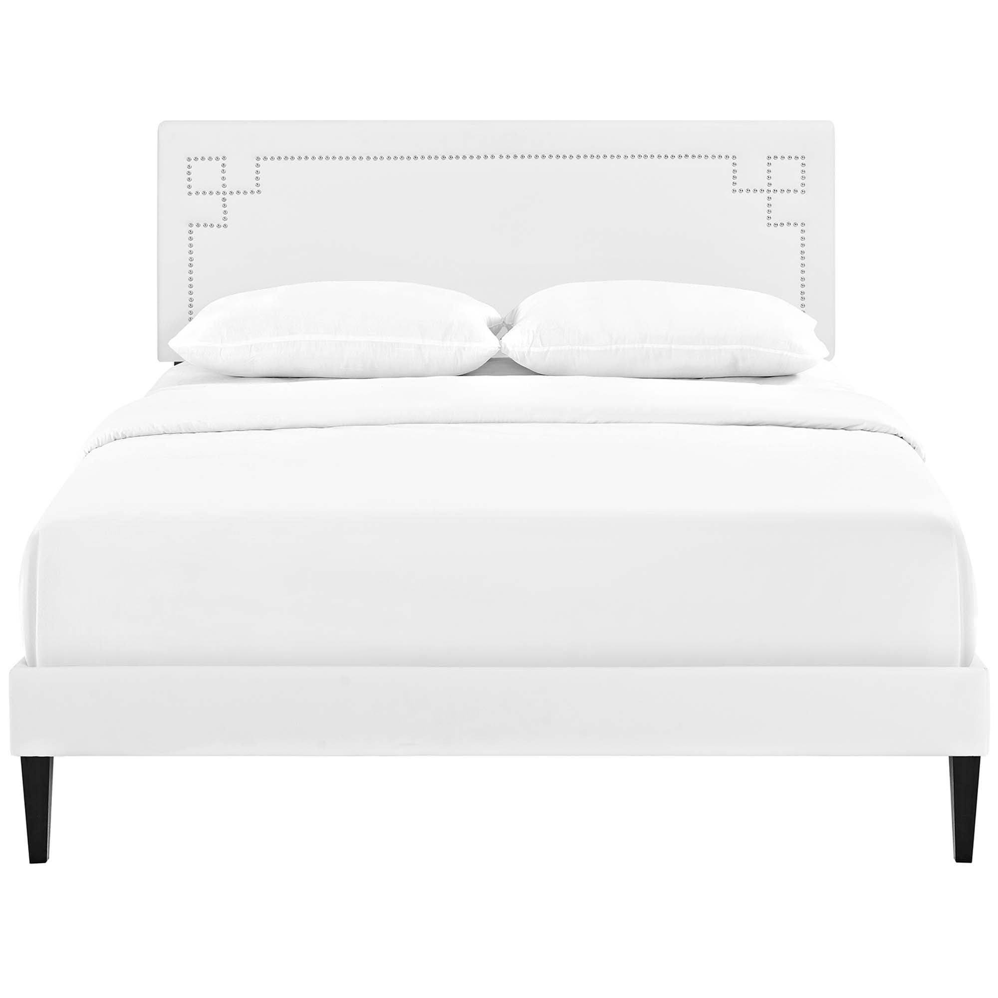 Selden Queen White Vinyl Platform Bed Frame – No Box Spring Required with Wood Slats