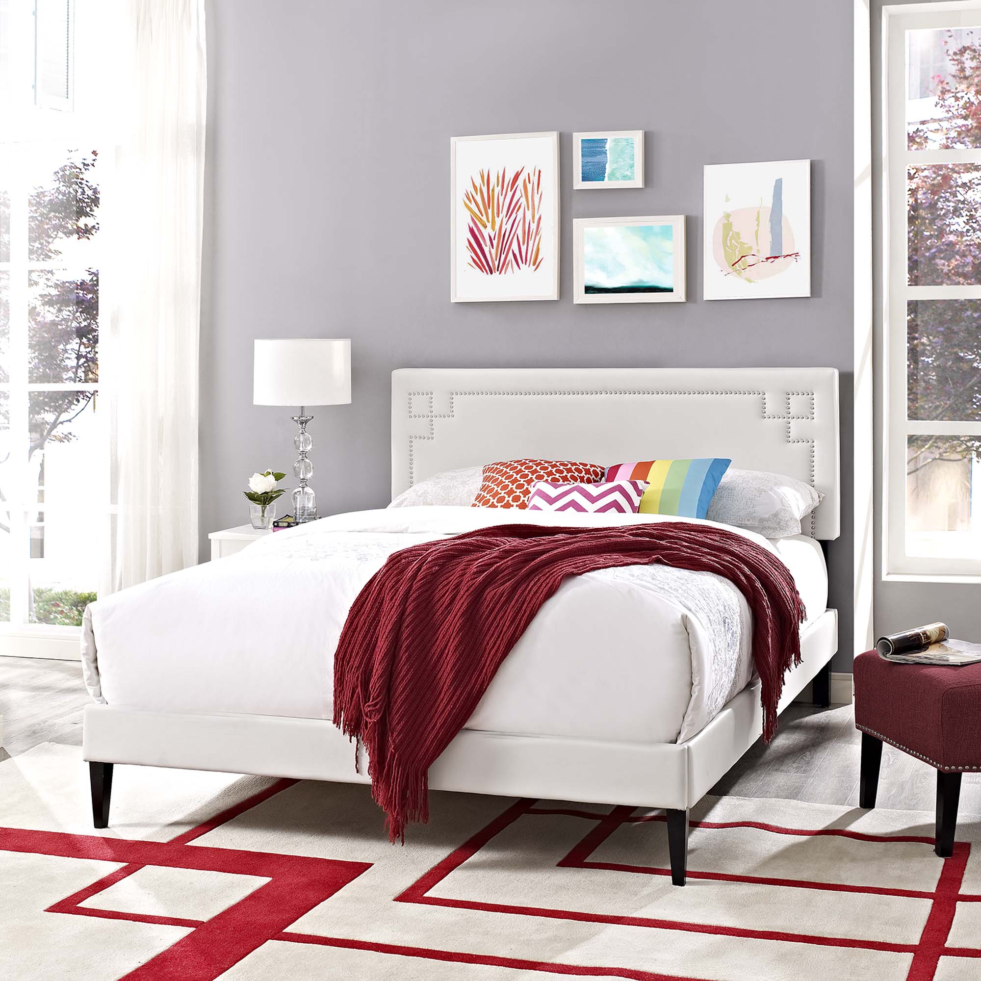 Selden Queen White Vinyl Platform Bed Frame – No Box Spring Required with Wood Slats