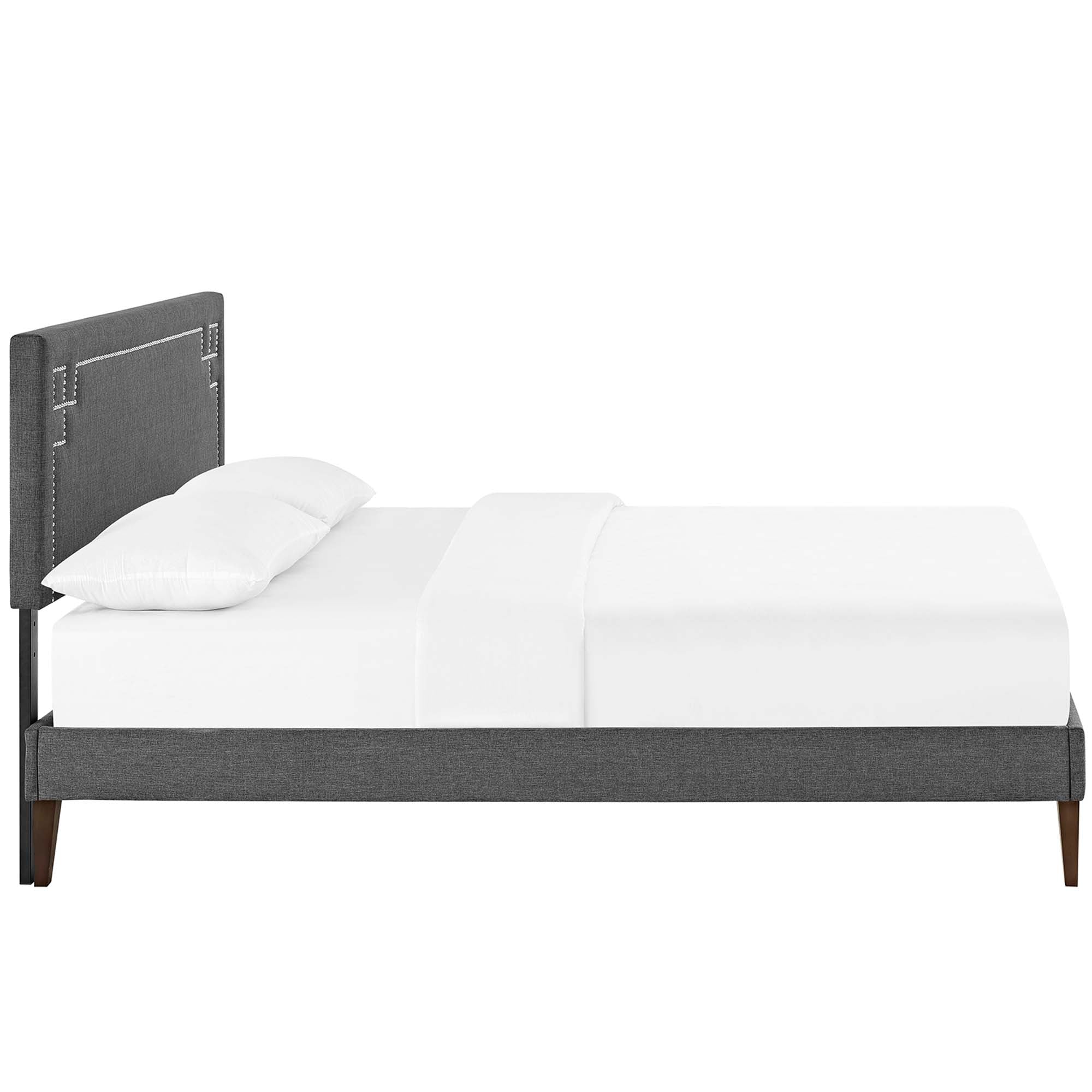 Urwyn Grey Queen Fabric Platform Bed – Solid Wood Frame with Tapered Wood Legs