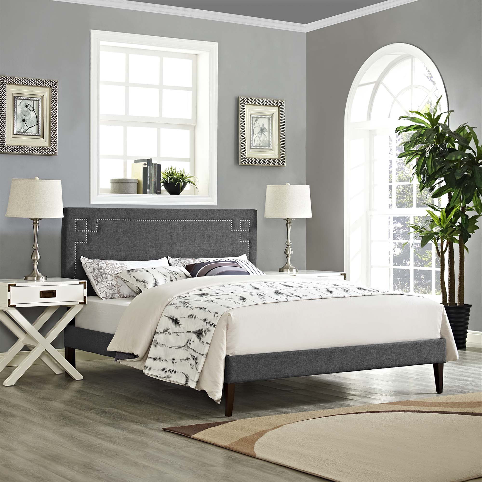 Urwyn Grey Queen Fabric Platform Bed – Solid Wood Frame with Tapered Wood Legs