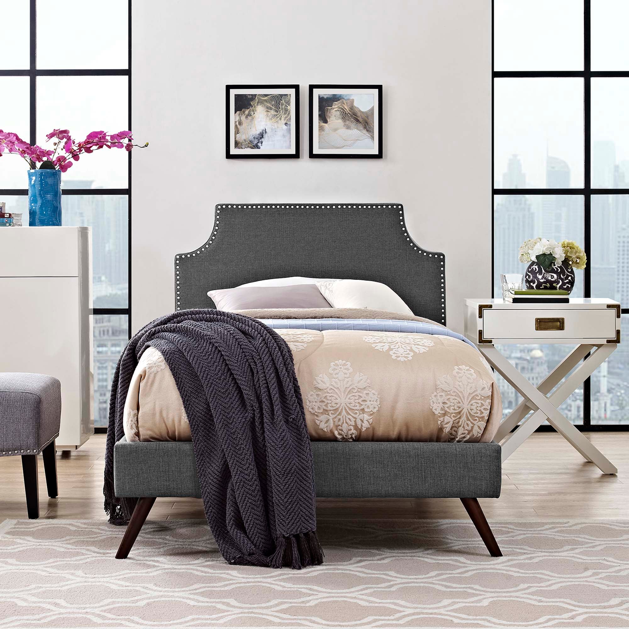 Marquis Grey Twin Fabric Platform Bed – No Box Spring Required Modern Design