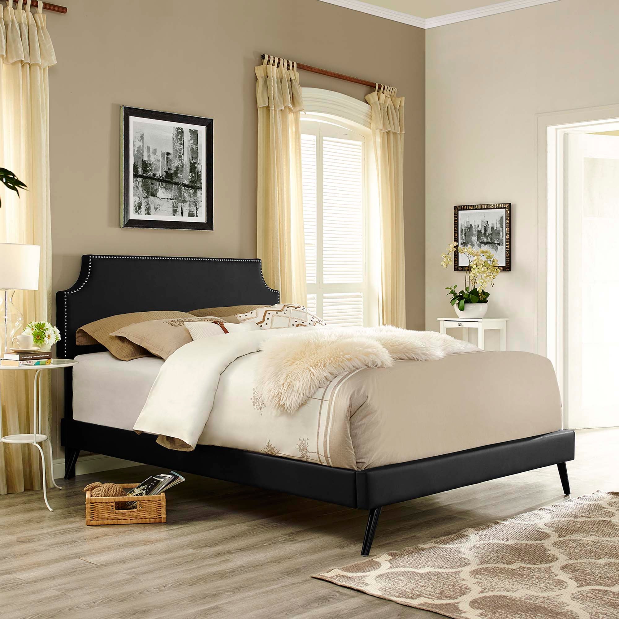 Baronet Black Queen Vinyl Platform Bed – Memory Foam Compatible with Tapered Legs