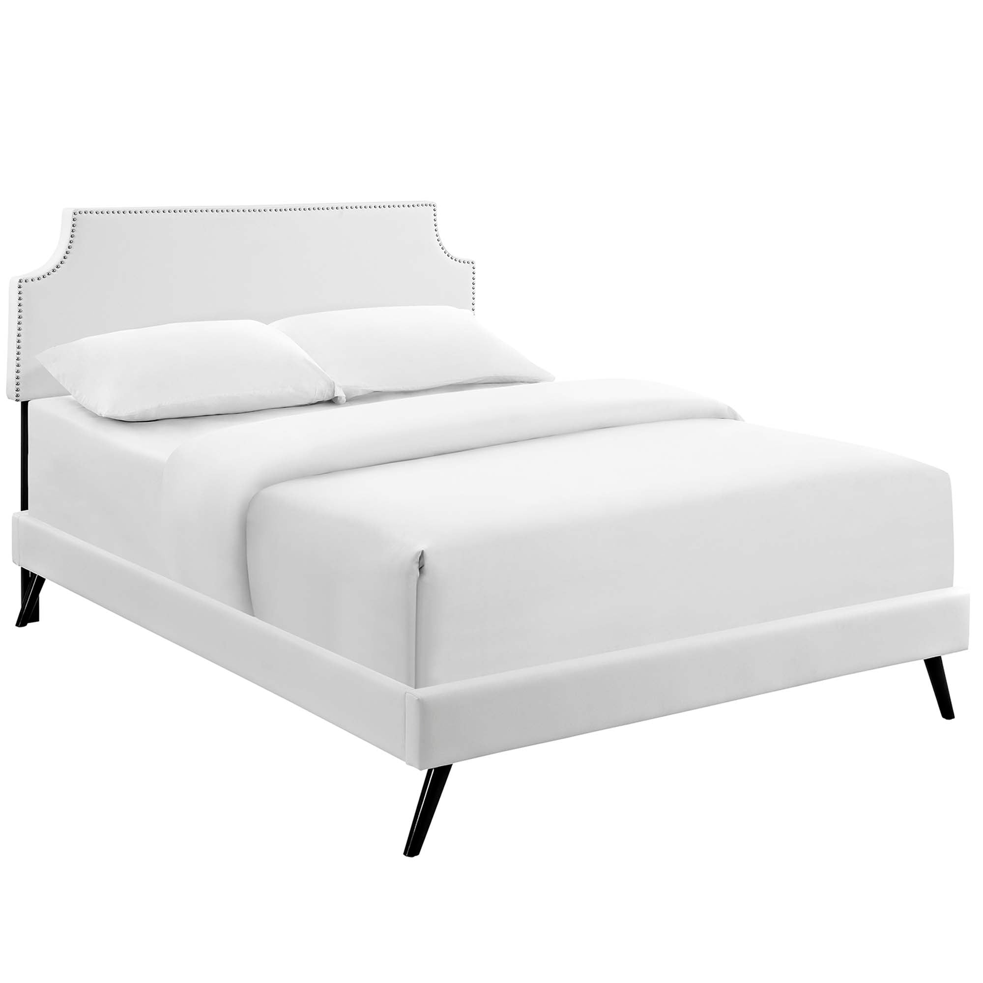 Curvey Queen White Platform Bed Frame Vinyl Upholstered with Wood Slat Support