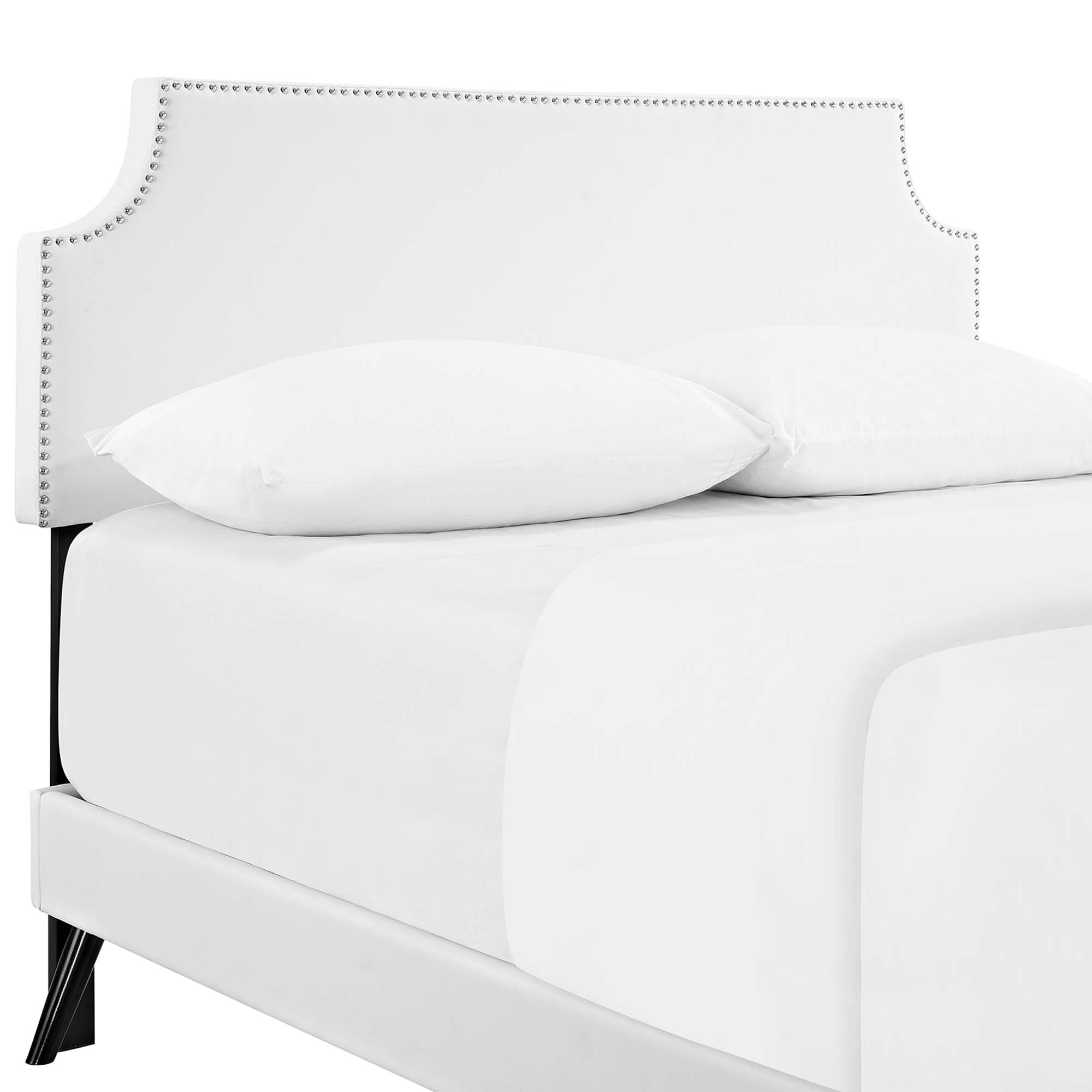 Curvey Queen White Platform Bed Frame – Vinyl Upholstered with Wood Slat Support