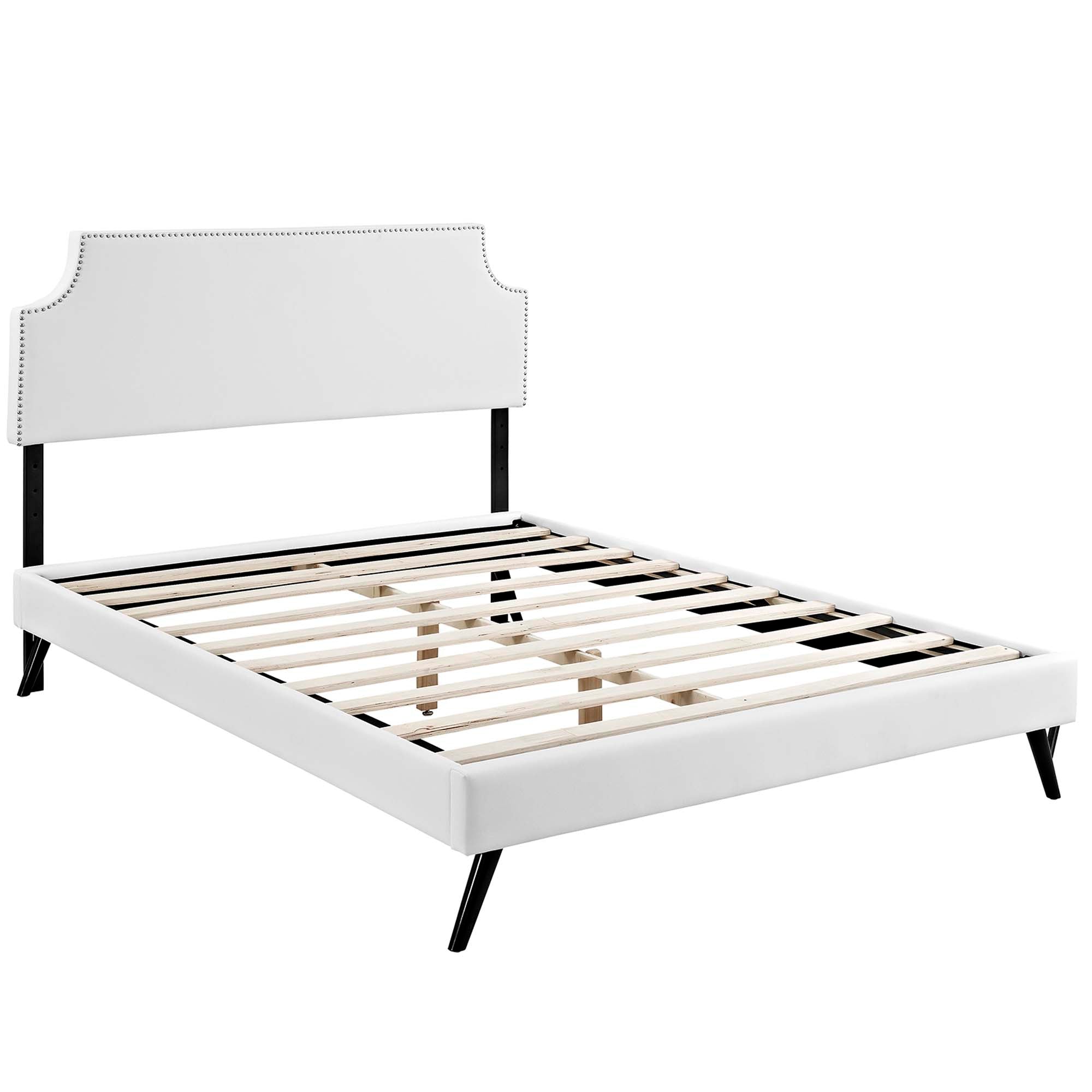 Curvey Queen White Platform Bed Frame Vinyl Upholstered with Wood Slat Support