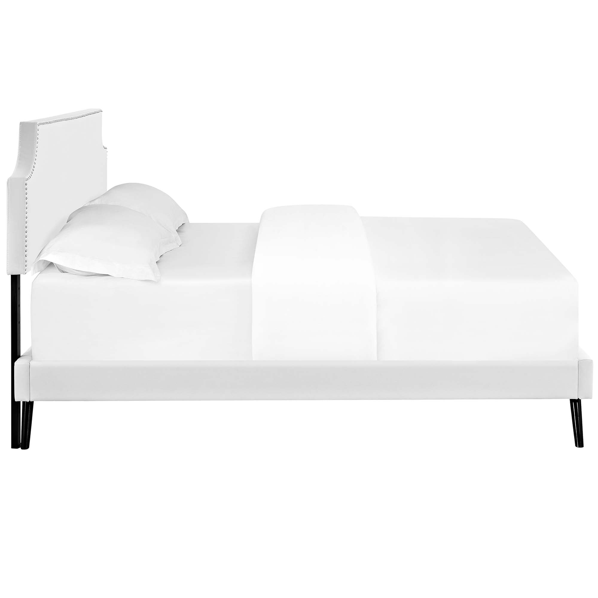 Curvey Queen White Platform Bed Frame – Vinyl Upholstered with Wood Slat Support