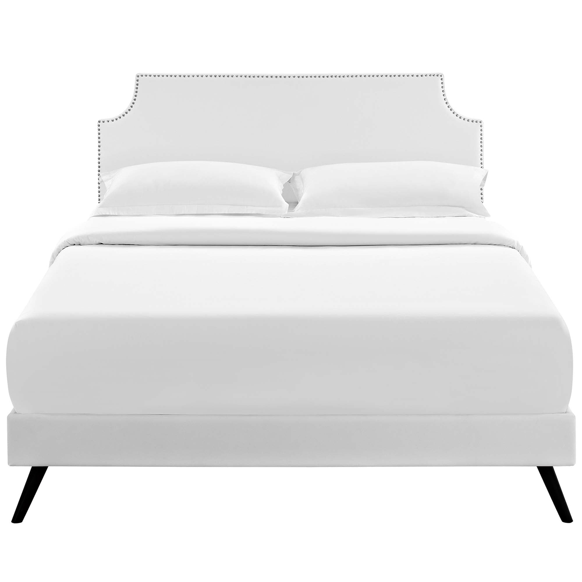 Curvey Queen White Platform Bed Frame – Vinyl Upholstered with Wood Slat Support