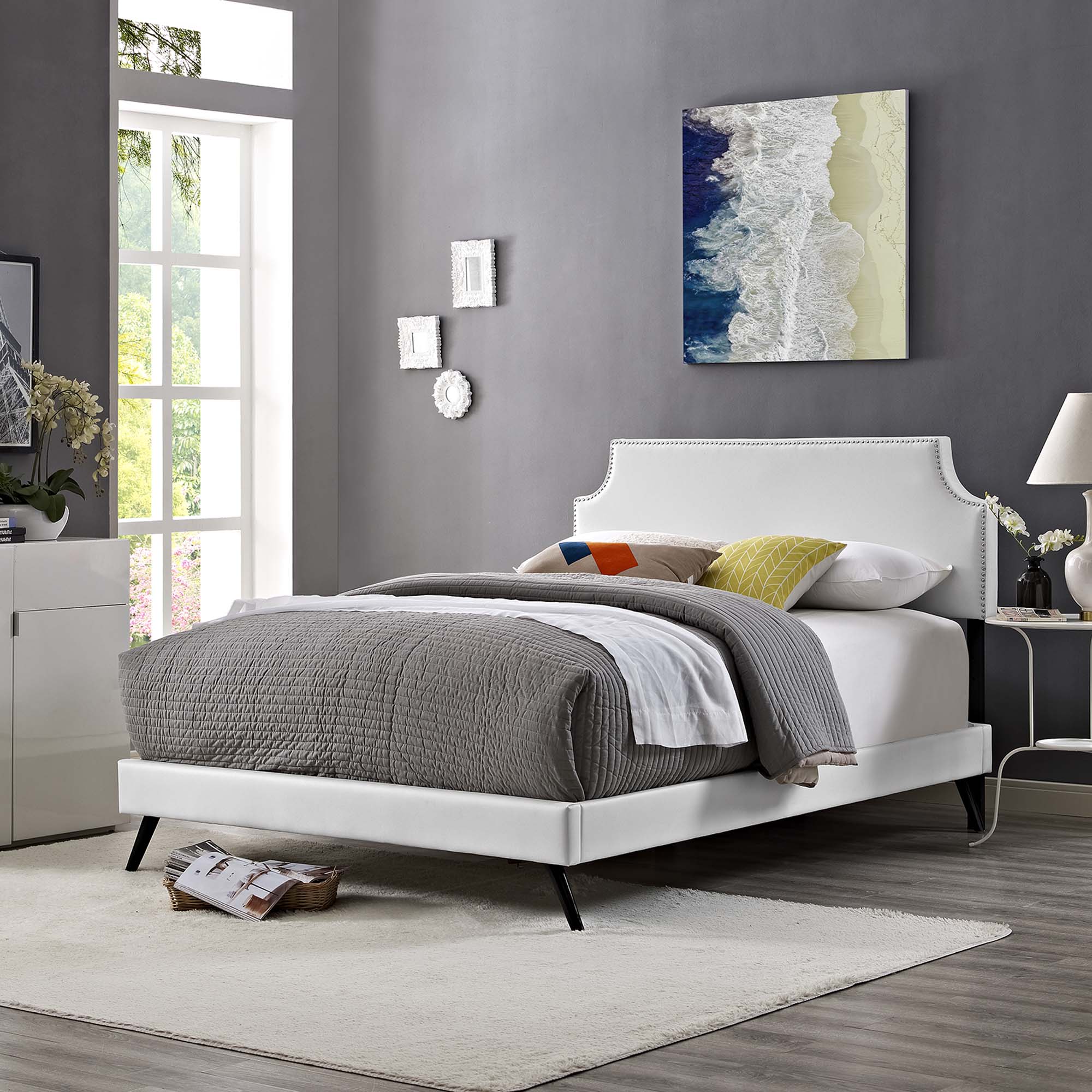 Curvey Queen White Platform Bed Frame – Vinyl Upholstered with Wood Slat Support