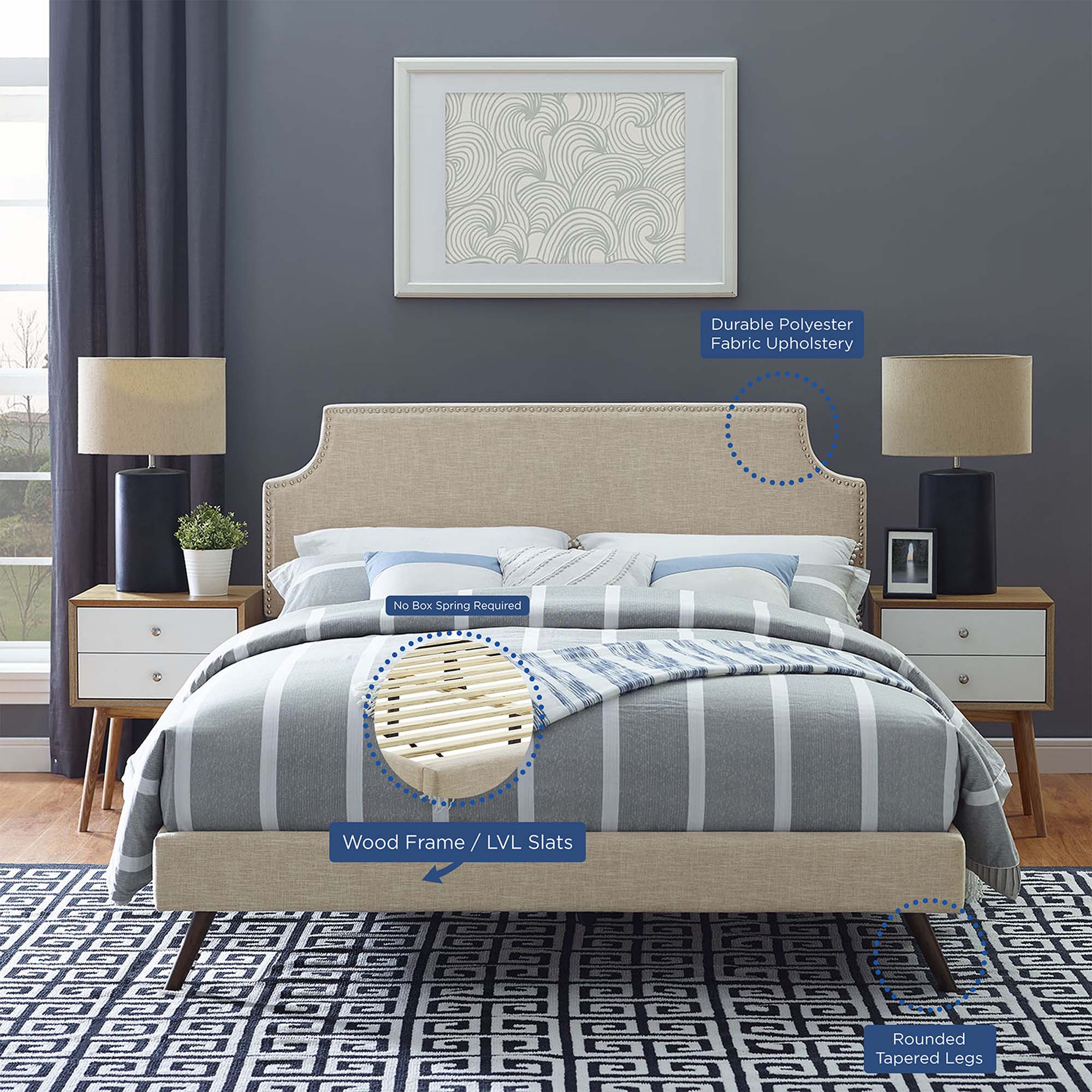 Engage Queen Upholstered Platform Bed No Box Spring Required with Tapered Wood Legs