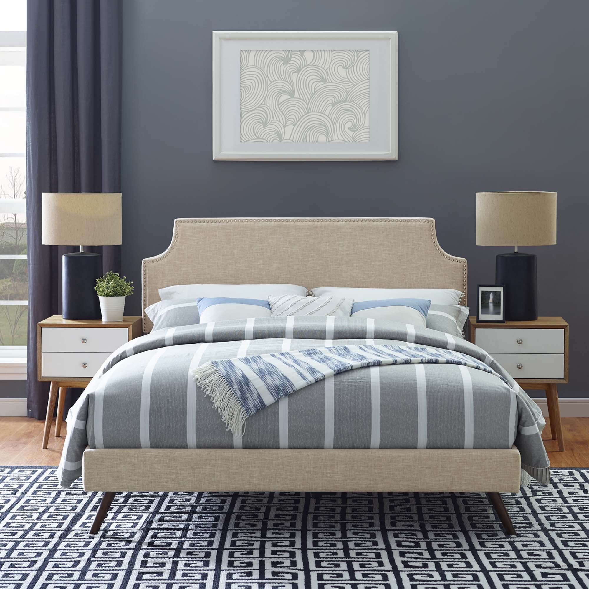 Engage Queen Upholstered Platform Bed No Box Spring Required with Tapered Wood Legs