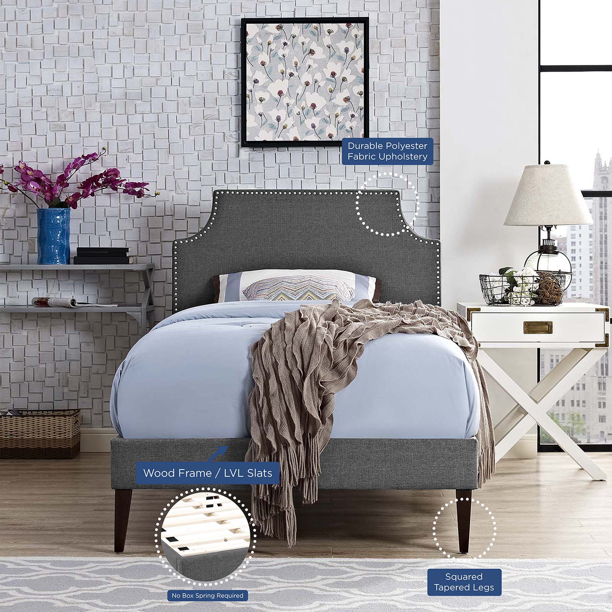 Articulate Twin Grey Fabric Platform Bed – Upholstered with Wood Frame
