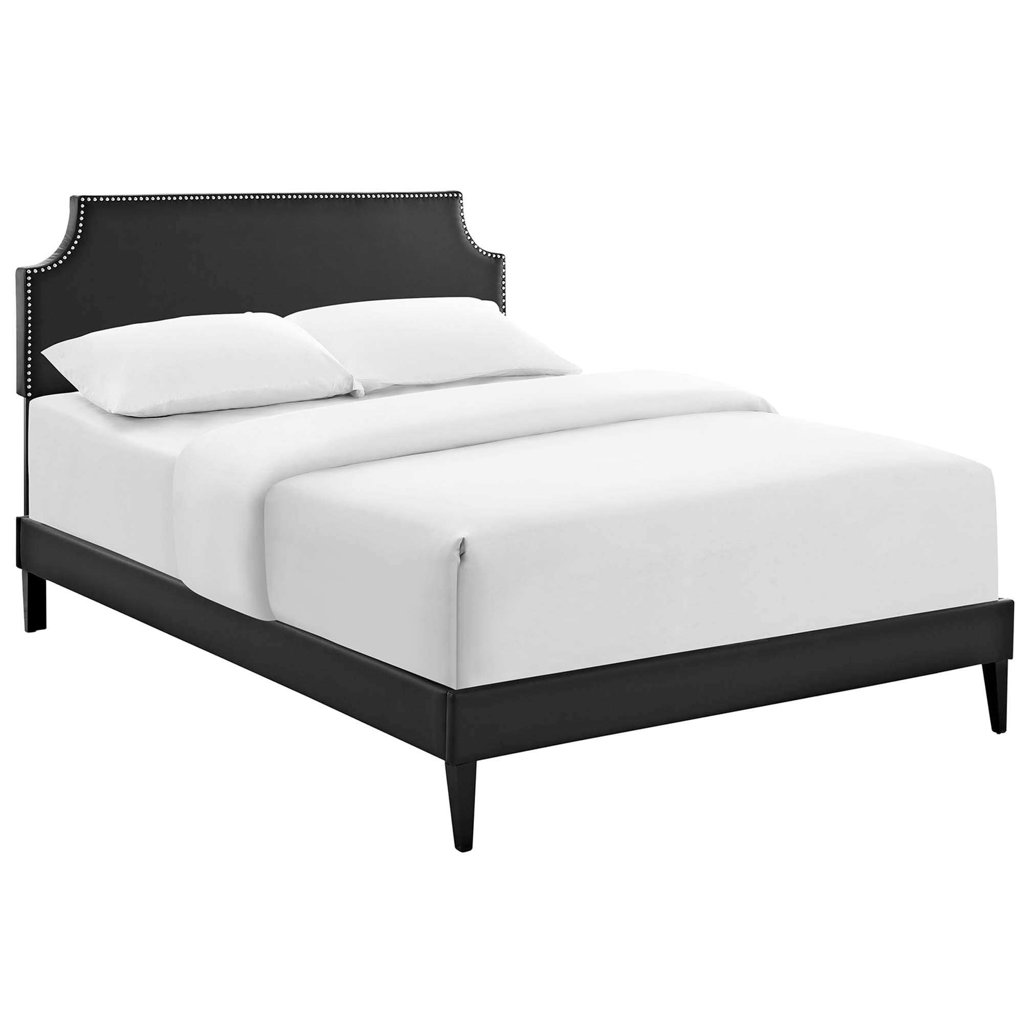 Dispatch Full Vinyl Platform Bed Frame – Black Upholstered with Wood Slat Support