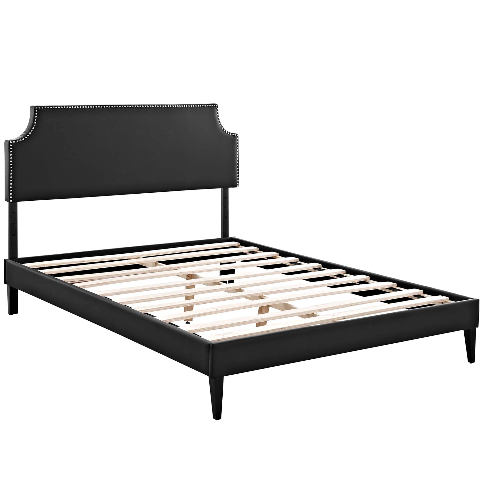 Dispatch Full Vinyl Platform Bed Frame – Black Upholstered with Wood Slat Support
