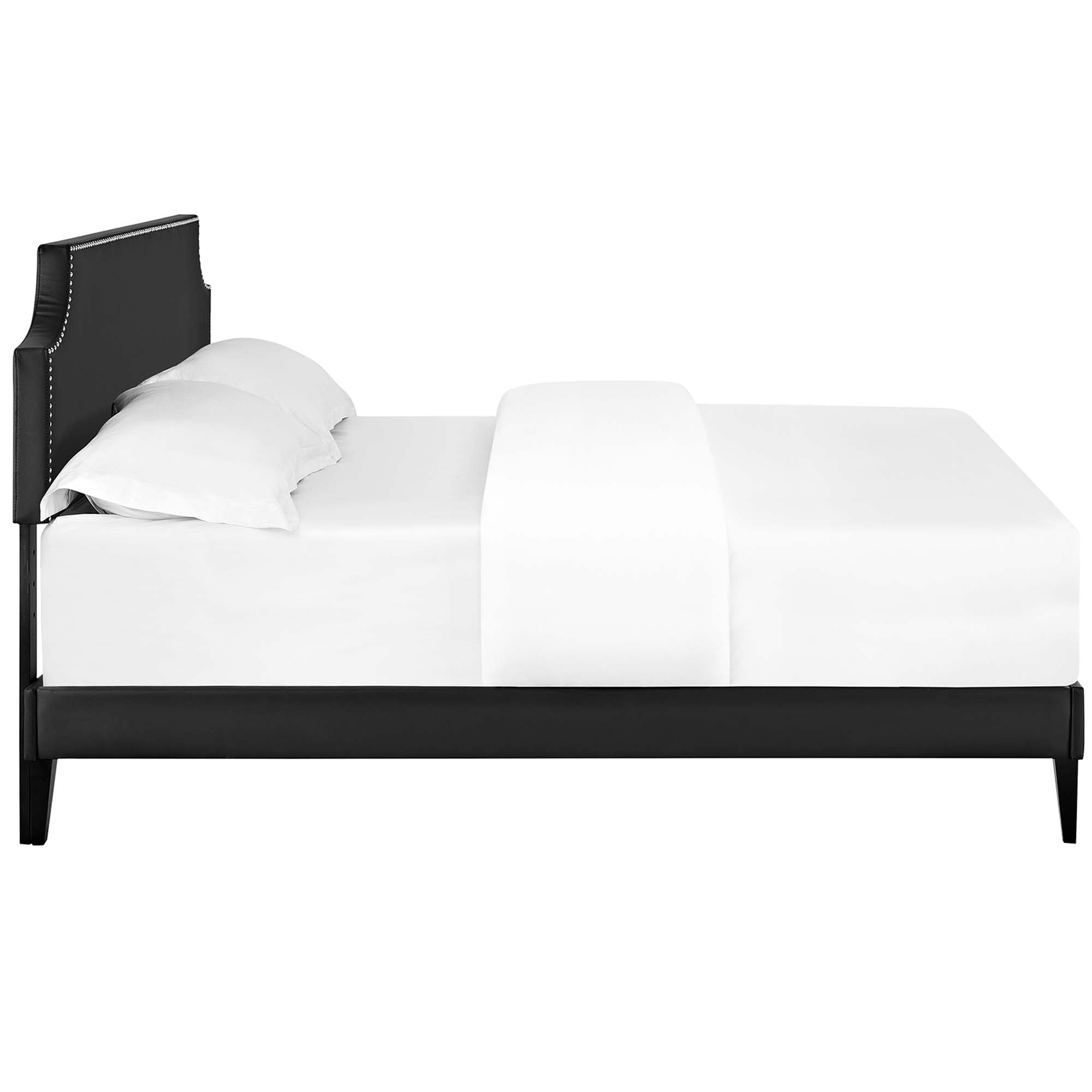 Dispatch Full Vinyl Platform Bed Frame – Black Upholstered with Wood Slat Support