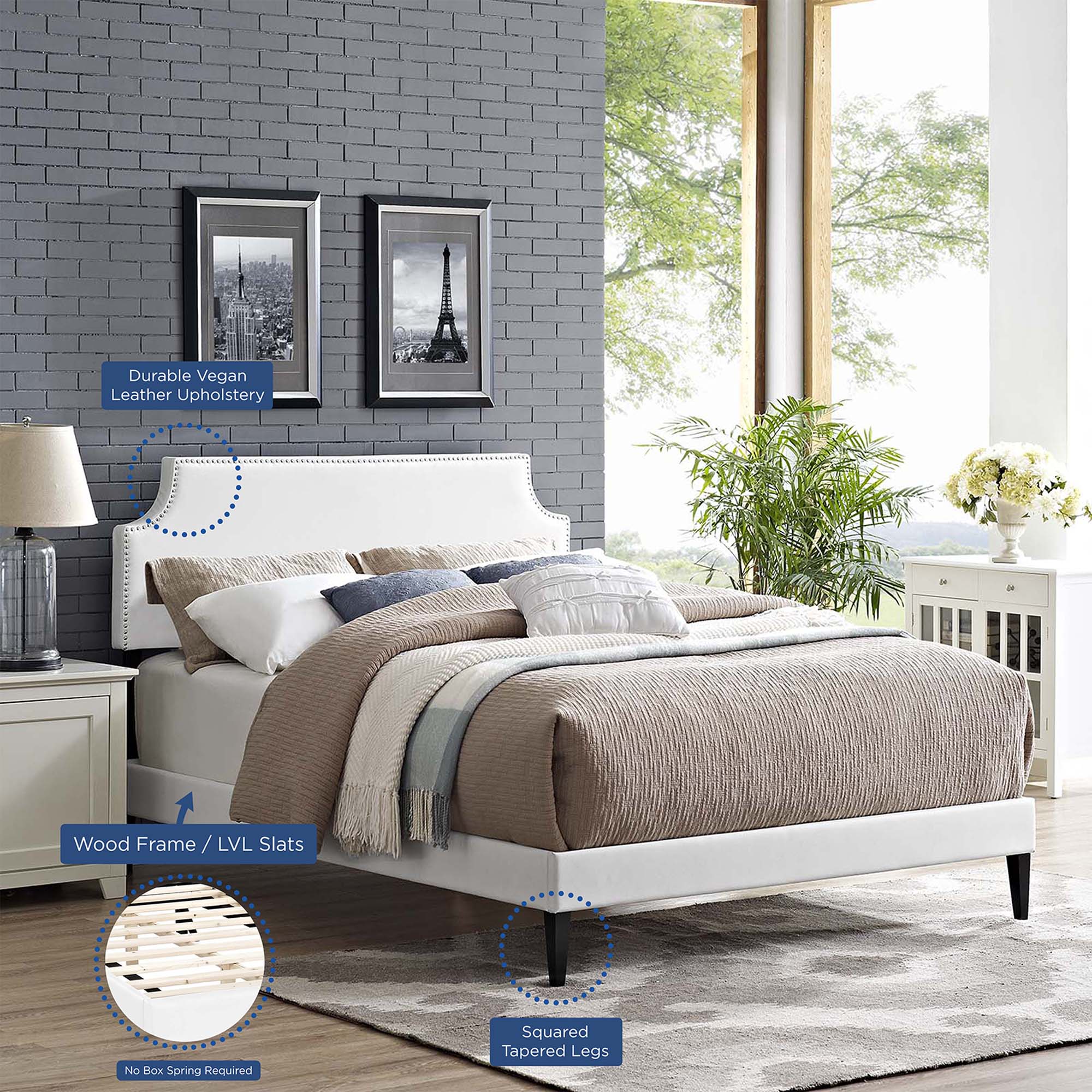 Chaurf Queen Vinyl Platform Bed White – With Headboard