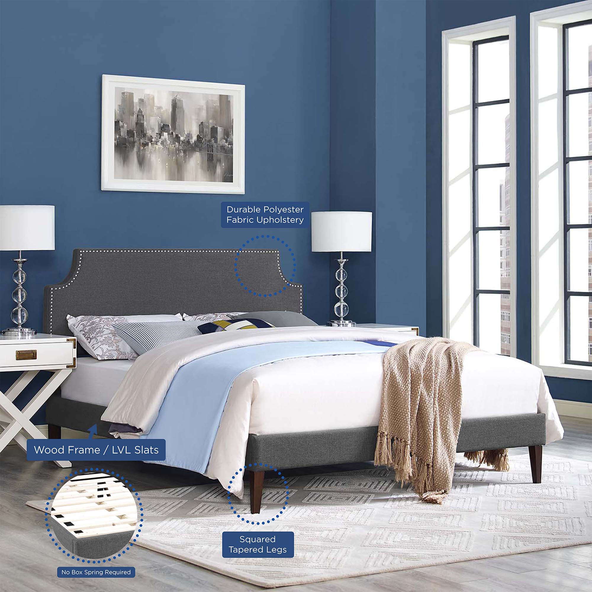 Stealth Grey King Fabric Platform Bed – Modern Minimalist with Squared Tapered Legs