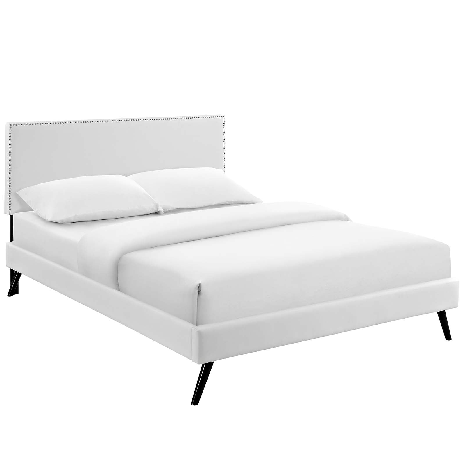 Shore White Full Platform Bed Frame – Vinyl Headboard with Round Splayed Legs