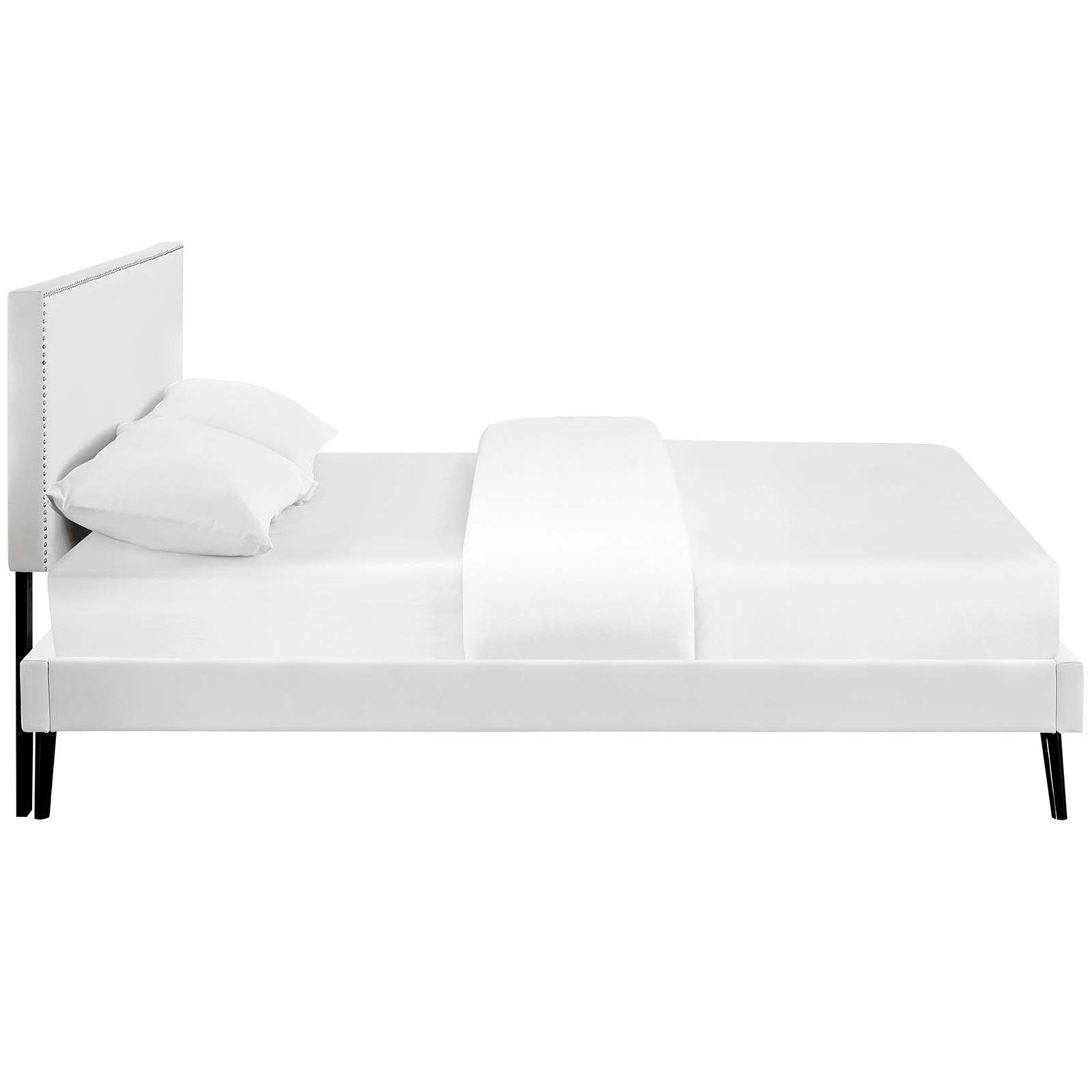 Shore White Full Platform Bed Frame – Vinyl Headboard with Round Splayed Legs