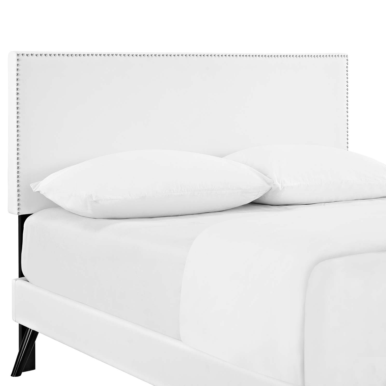 Shore White Full Platform Bed Frame – Vinyl Headboard with Round Splayed Legs