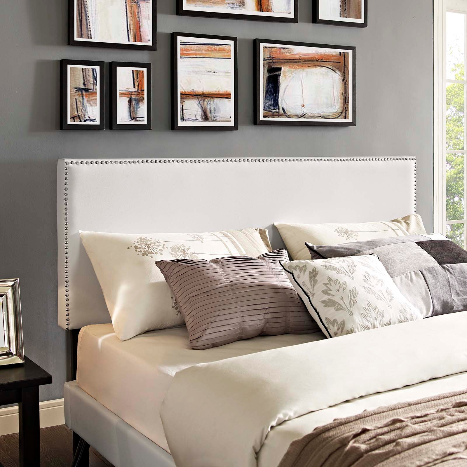 Shore White Full Platform Bed Frame – Vinyl Headboard with Round Splayed Legs