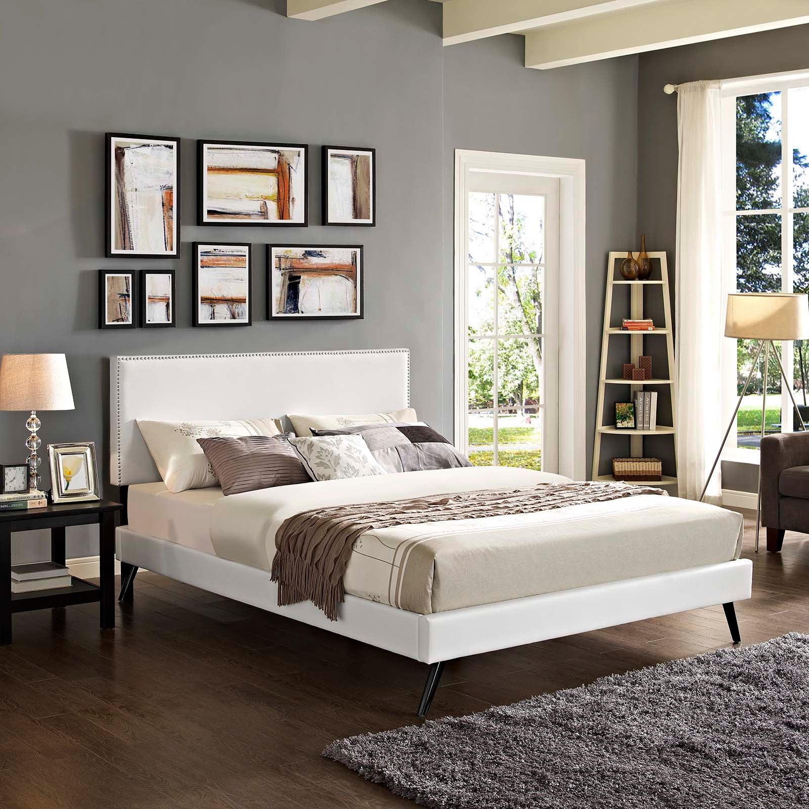 Shore White Full Platform Bed Frame – Vinyl Headboard with Round Splayed Legs