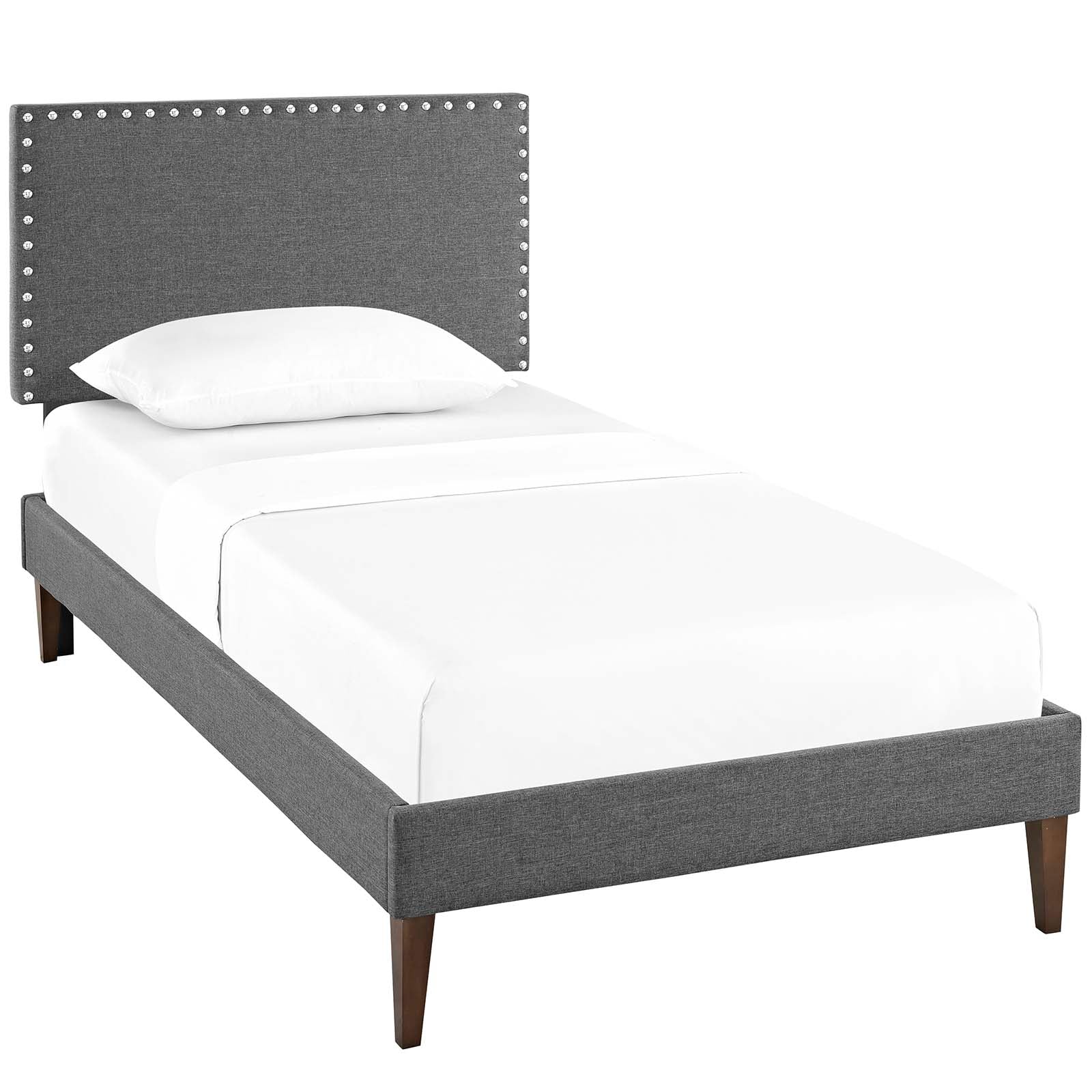 Ryllan Grey Twin Platform Bed – Wood Frame with Fabric Headboard