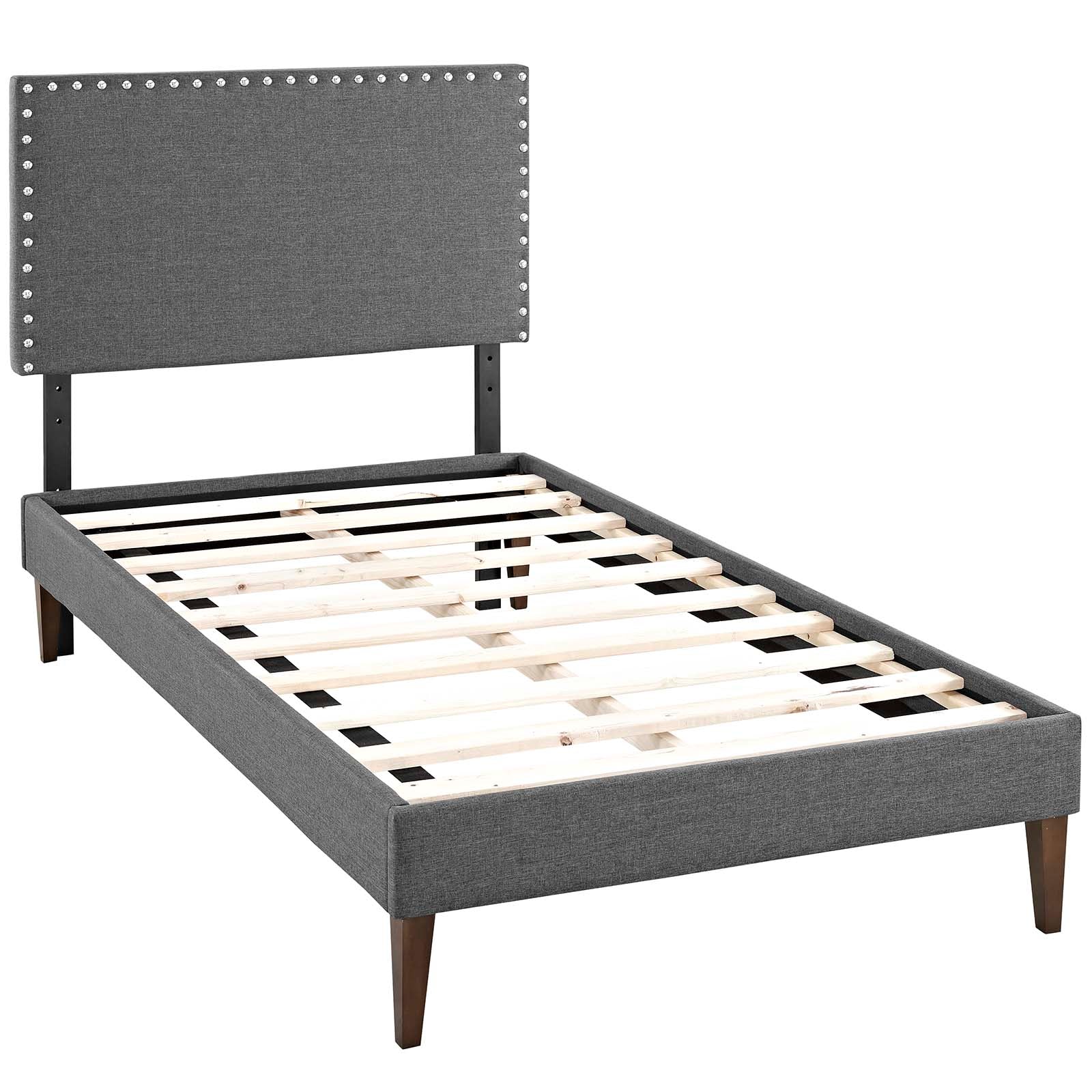 Ryllan Grey Twin Platform Bed – Wood Frame with Fabric Headboard