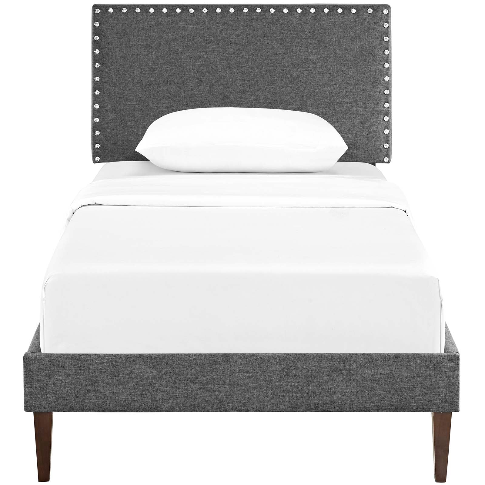 Ryllan Grey Twin Platform Bed – Wood Frame with Fabric Headboard