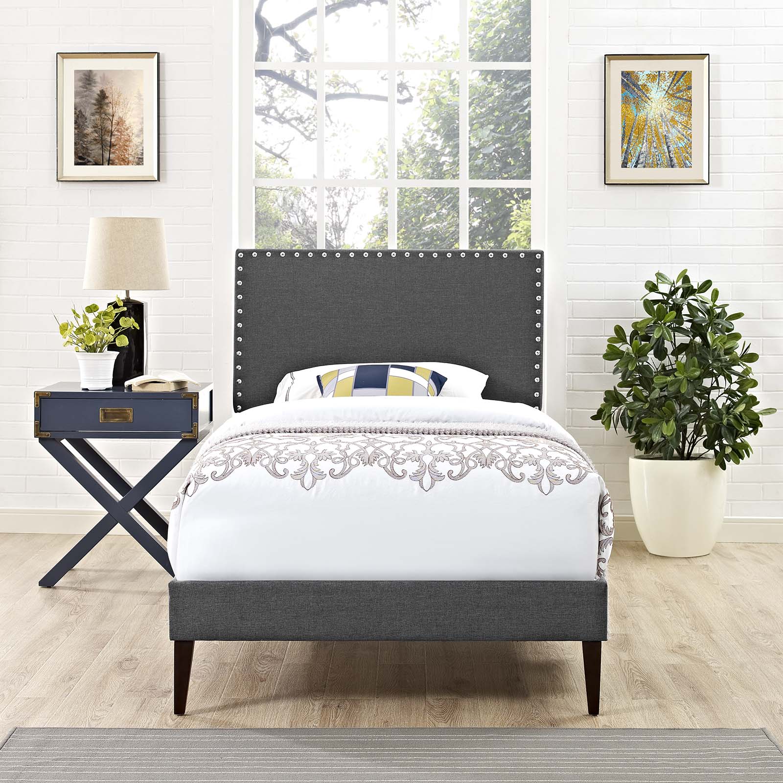 Ryllan Grey Twin Platform Bed – Wood Frame with Fabric Headboard
